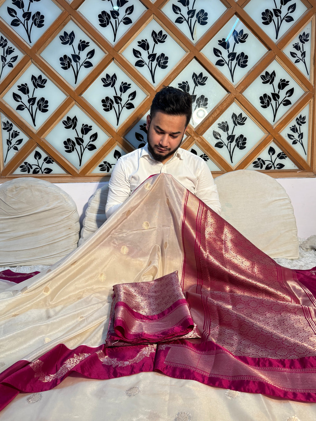 PREMIUM OFF WHITE WITH WINE SHADE BANARASI VISCOSE SILK WITH SATIN BORDER