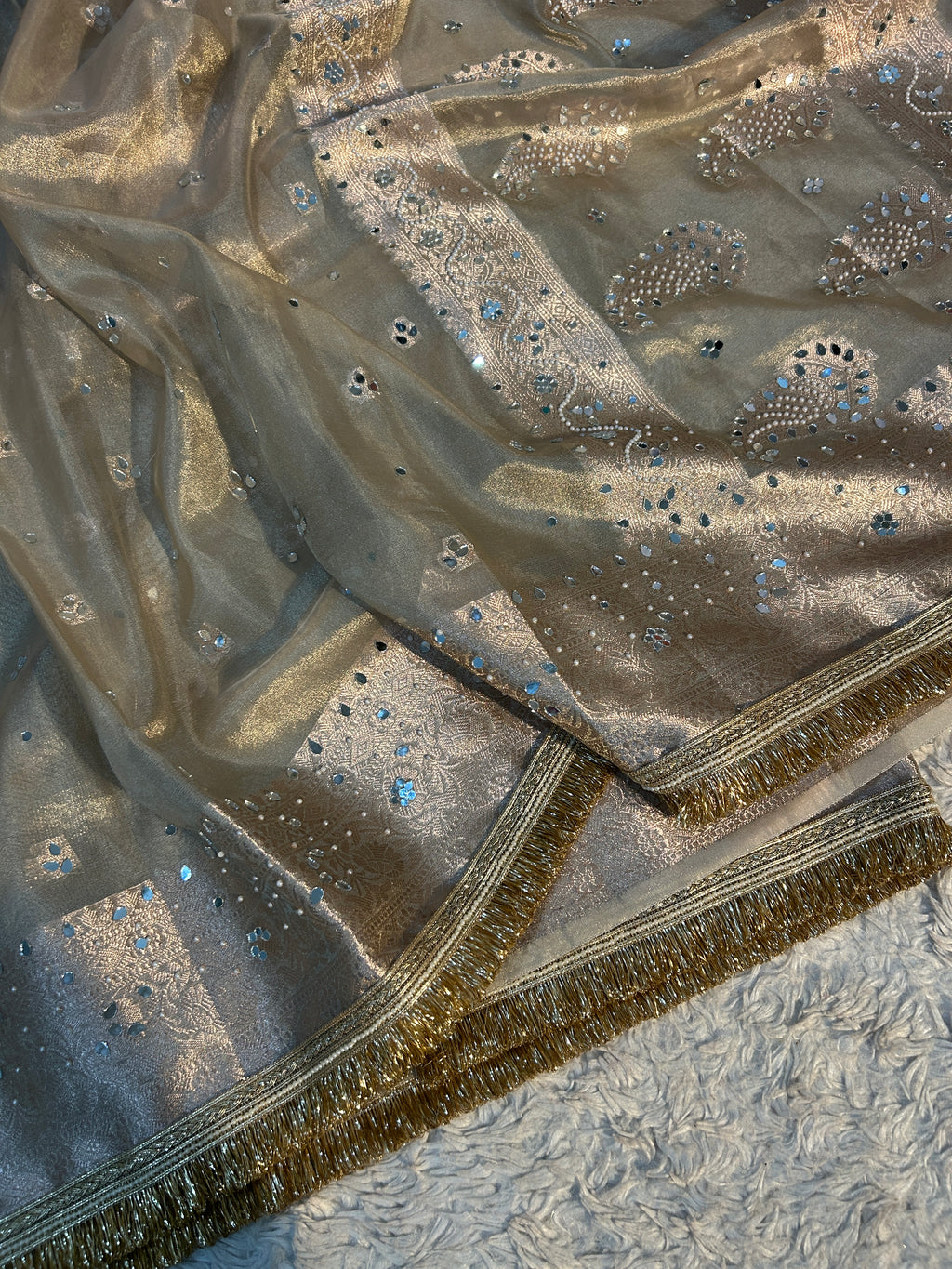 PREMIUM WATER ZARI BANARASI SOFT TISSUE SILK WITH MIRROR WORK DESIGNER SAREE