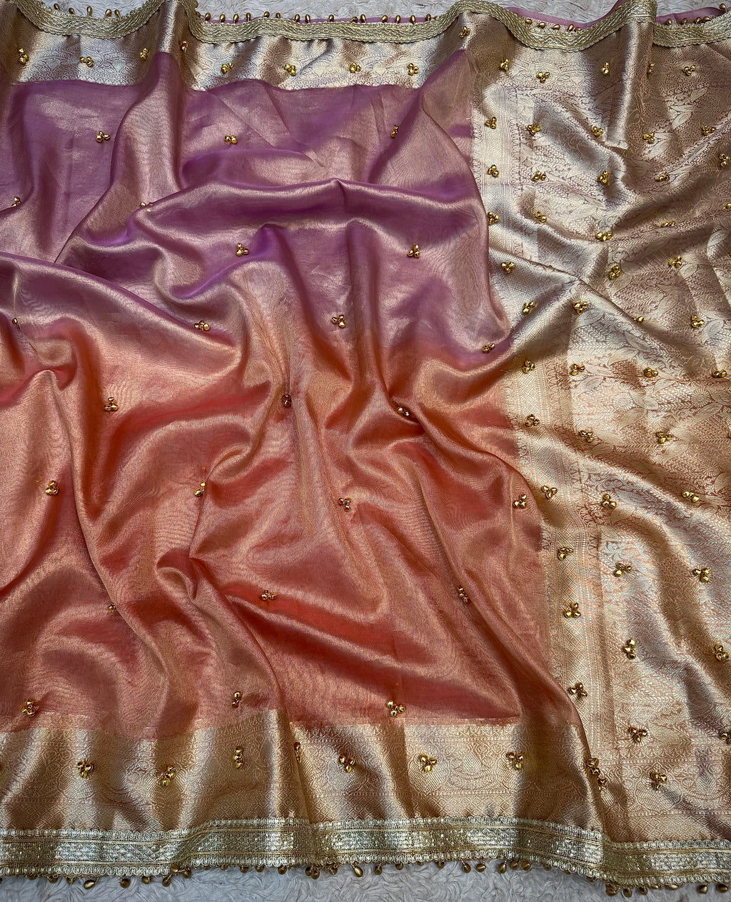 PREMIUM LAVENDER & PEACH SOFT BANARASI TISSUE SILK GHUNGROO WORK SAREE