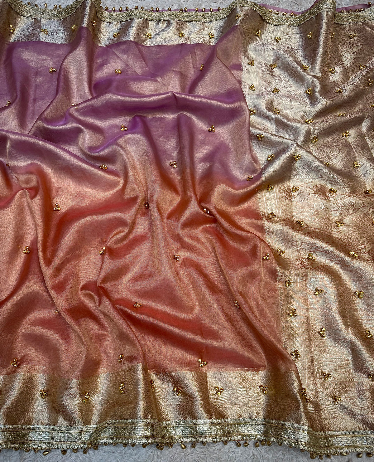 PREMIUM LAVENDER & PEACH SOFT BANARASI TISSUE SILK GHUNGROO WORK SAREE