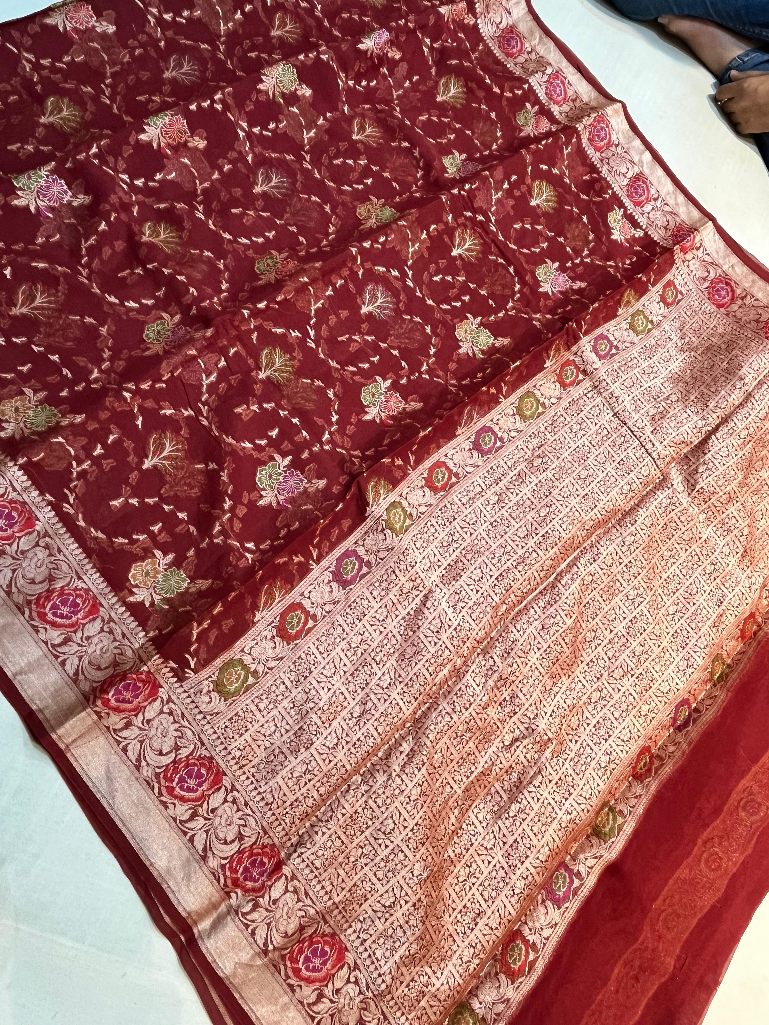 PREMIUM BRIDAL SHADE PURE KHADDI GEORGETTE SILK SAREE WITH BEAUTIFUL HAND-BRUSH