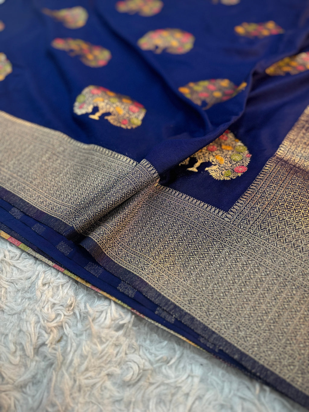 MIDNIGHT BLUE SHADE CHINON GEORGETTE SILK MEENAKARI SAREE