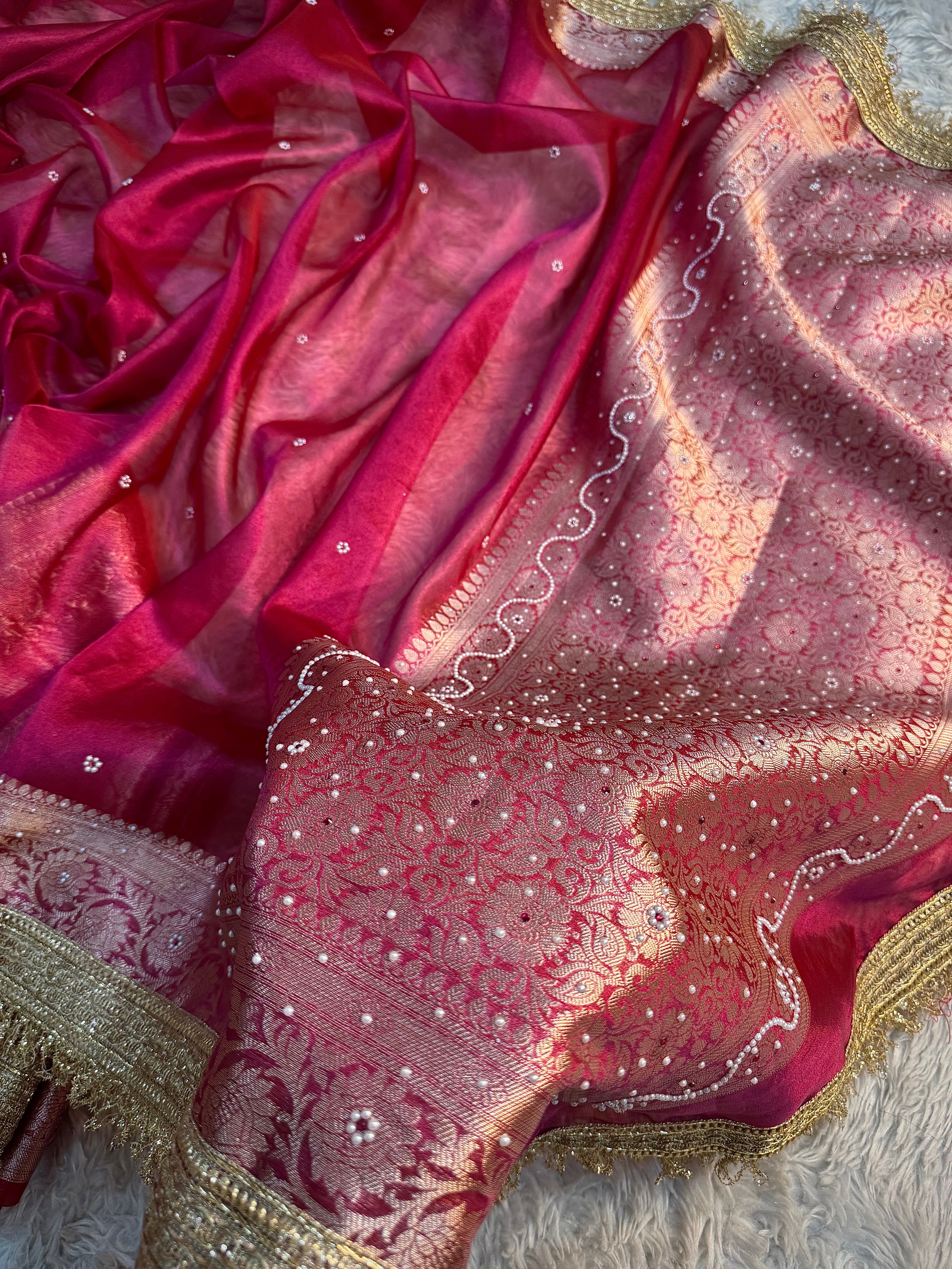 EXCLUSIVE HOT RANI SHADE SOFT TISSUE SILK SAREE DESIGNER HAND STONE WORK WITH LACE ATTACHED