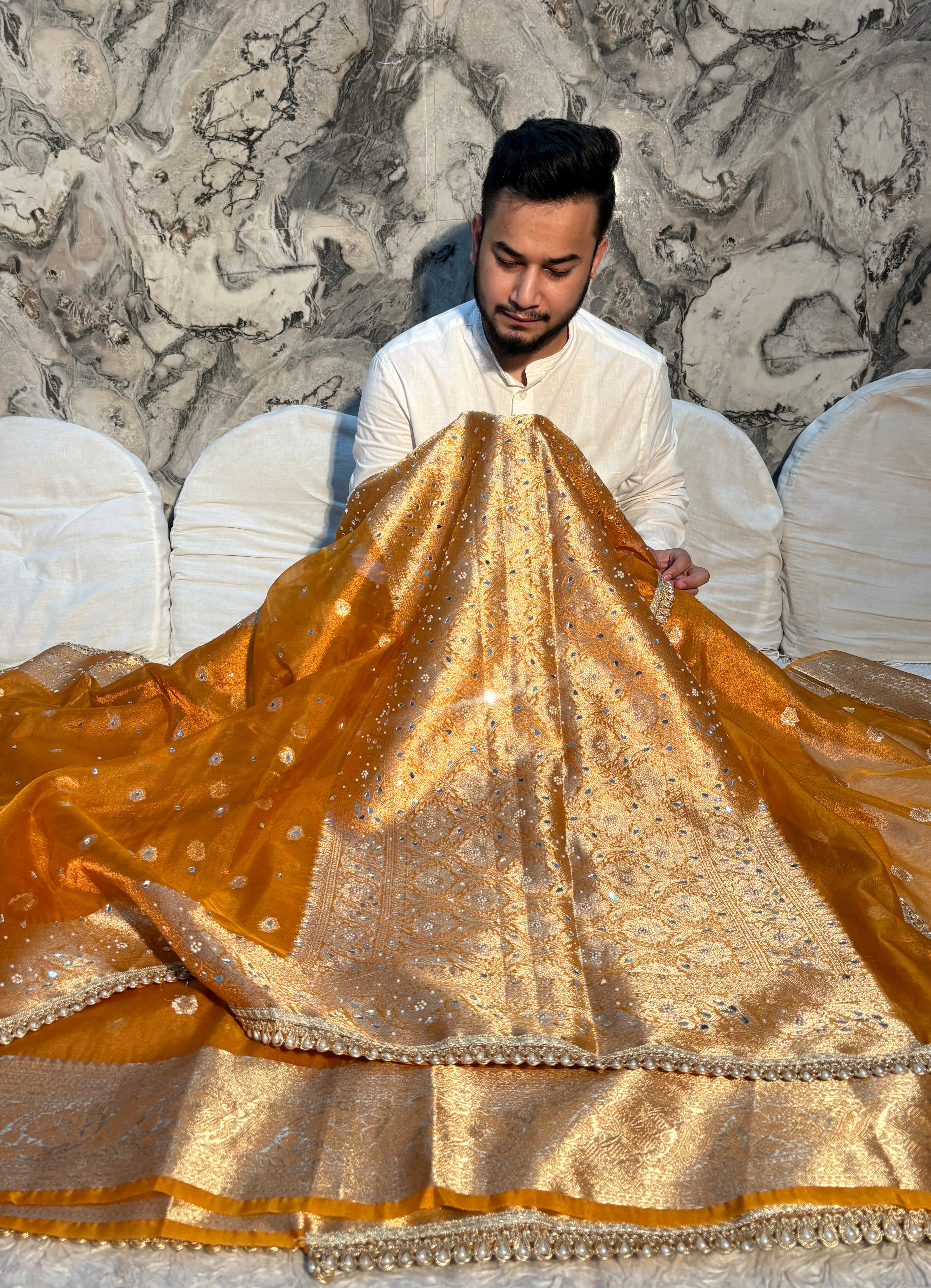 PREMIUM MUSTARD ORANGE SHADE BANARASI SOFT TISSUE SILK WITH MIRROR WORK DESIGNER SAREE