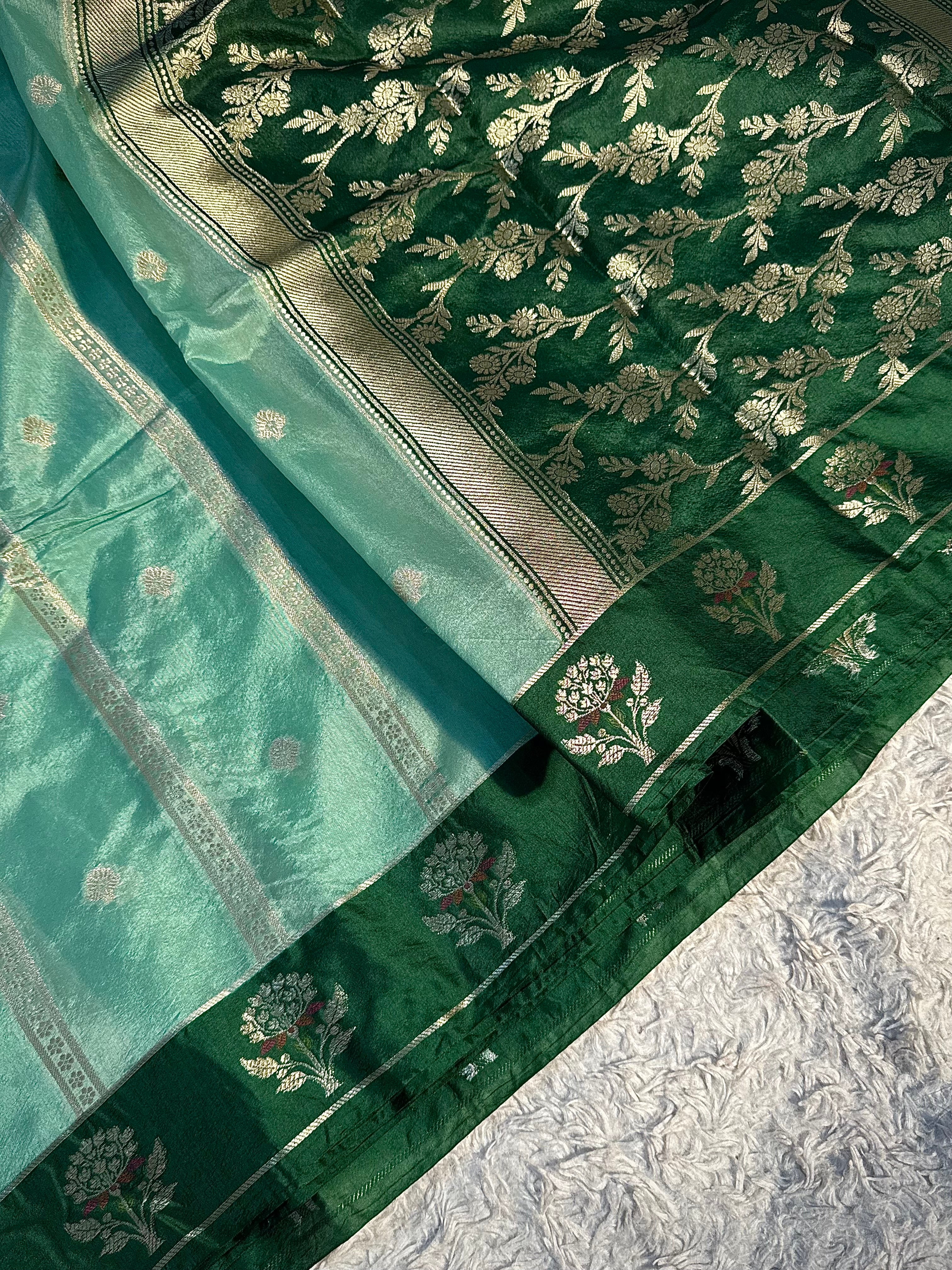 PREMIUM SEA GREEN WITH BOTTLE GREEN SHADE BANARASI VISCOSE SILK WITH SATIN BORDER