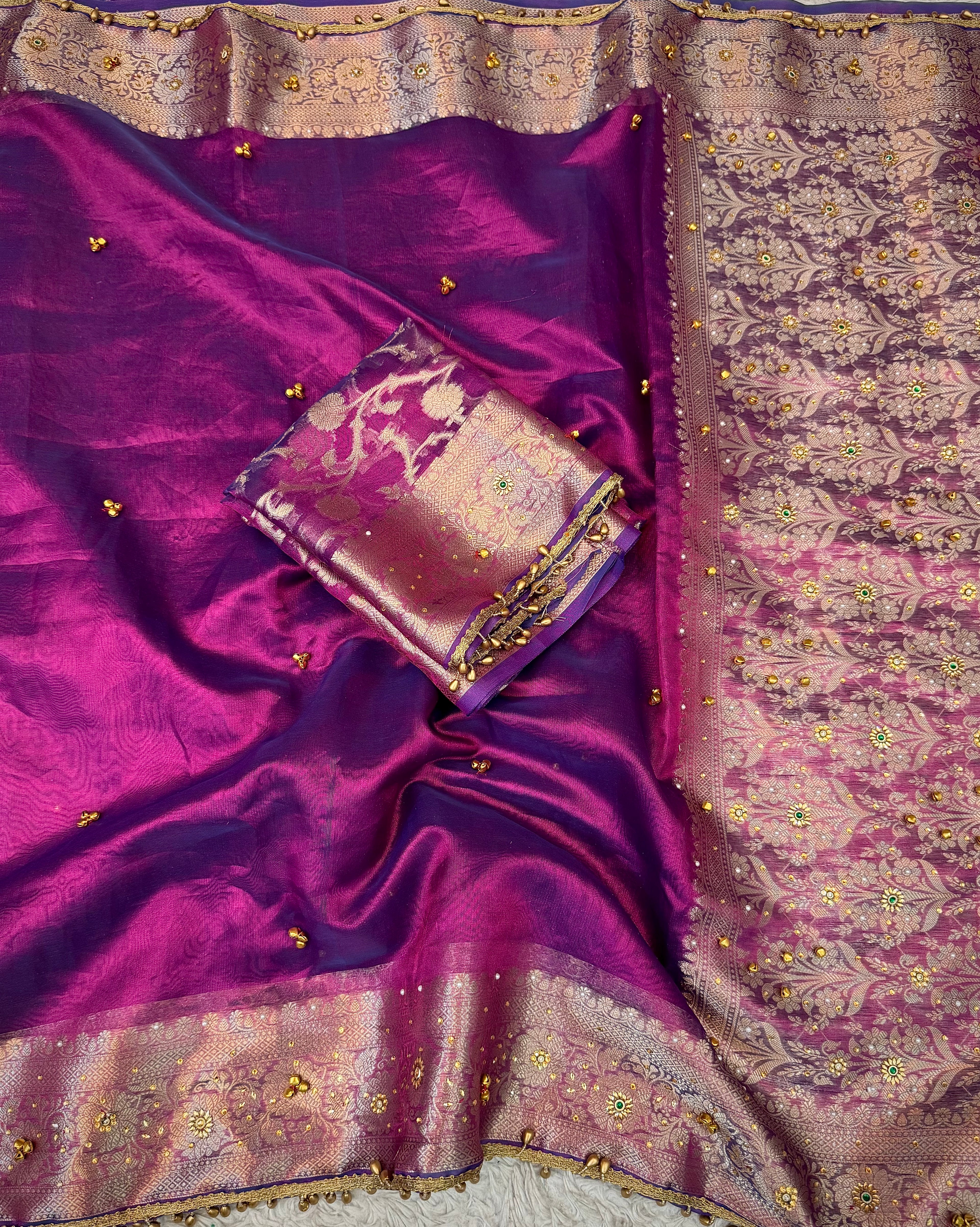 PREMIUM BAIGANI DUAL SHADE GHUNGROO WORK SOFT BANARASI TISSUE SILK DESIGNER SAREE