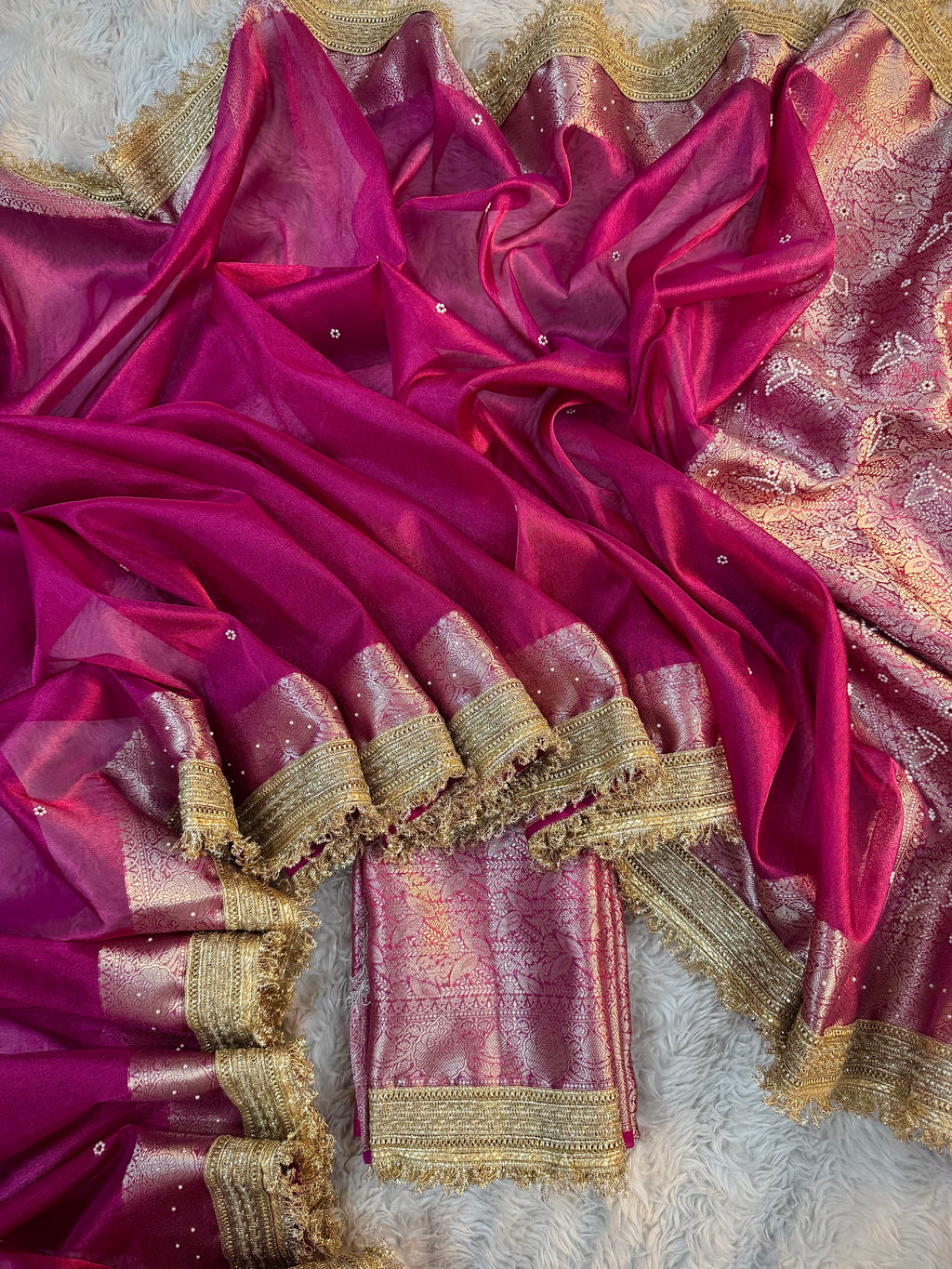 LUXURIOUS RANI SHADE SOFT TISSUE SILK SAREE HAND STONE WORK WITH LACE ATTACHED