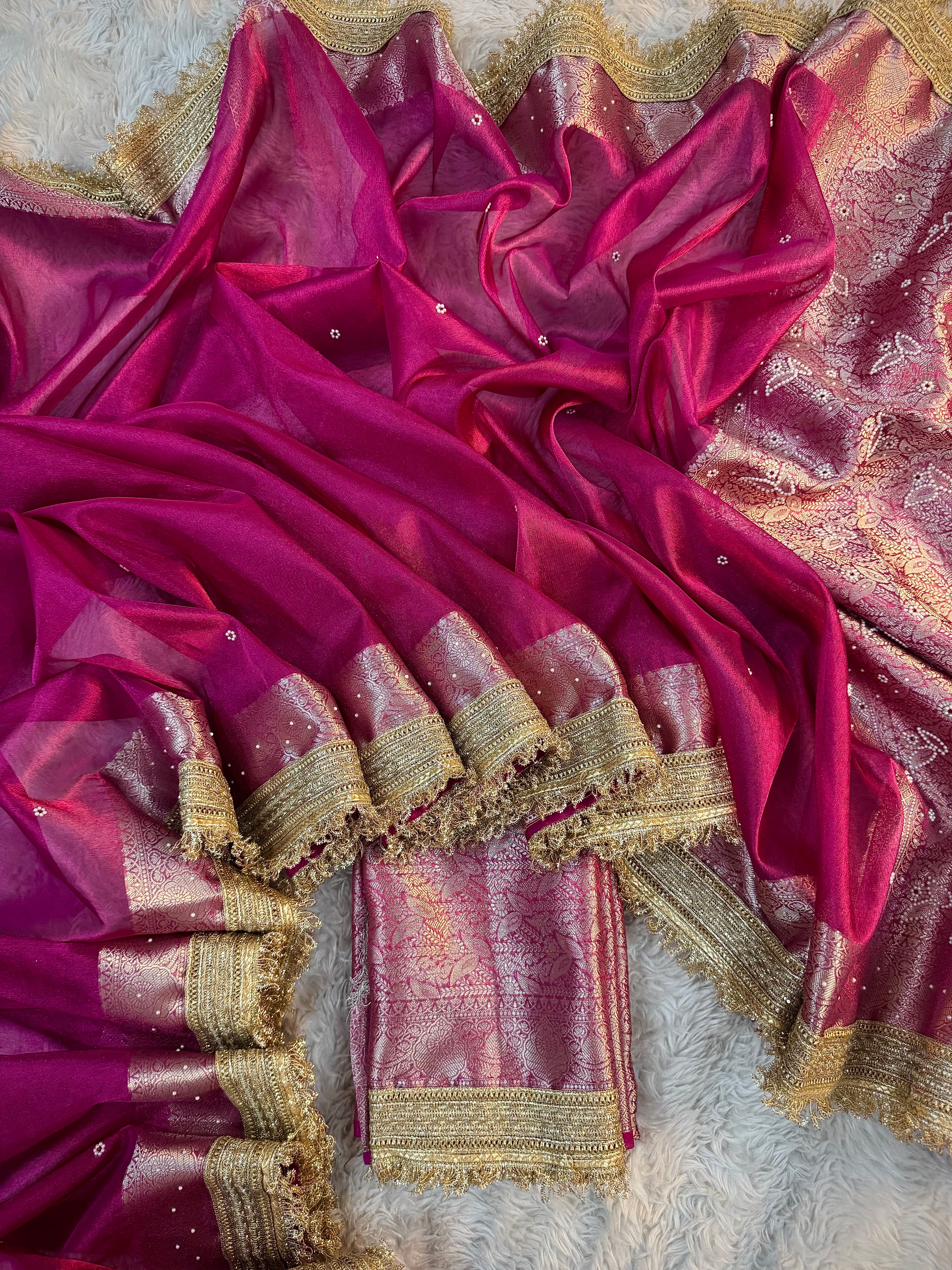 LUXURIOUS RANI SHADE SOFT TISSUE SILK SAREE HAND STONE WORK WITH LACE ATTACHED