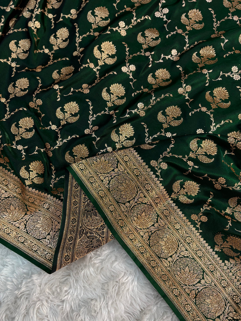 LUXURIOUS BOTTLE GREEN SATIN KATAN SILK SAREE WITH PREMIUM SWAROSKI WORK
