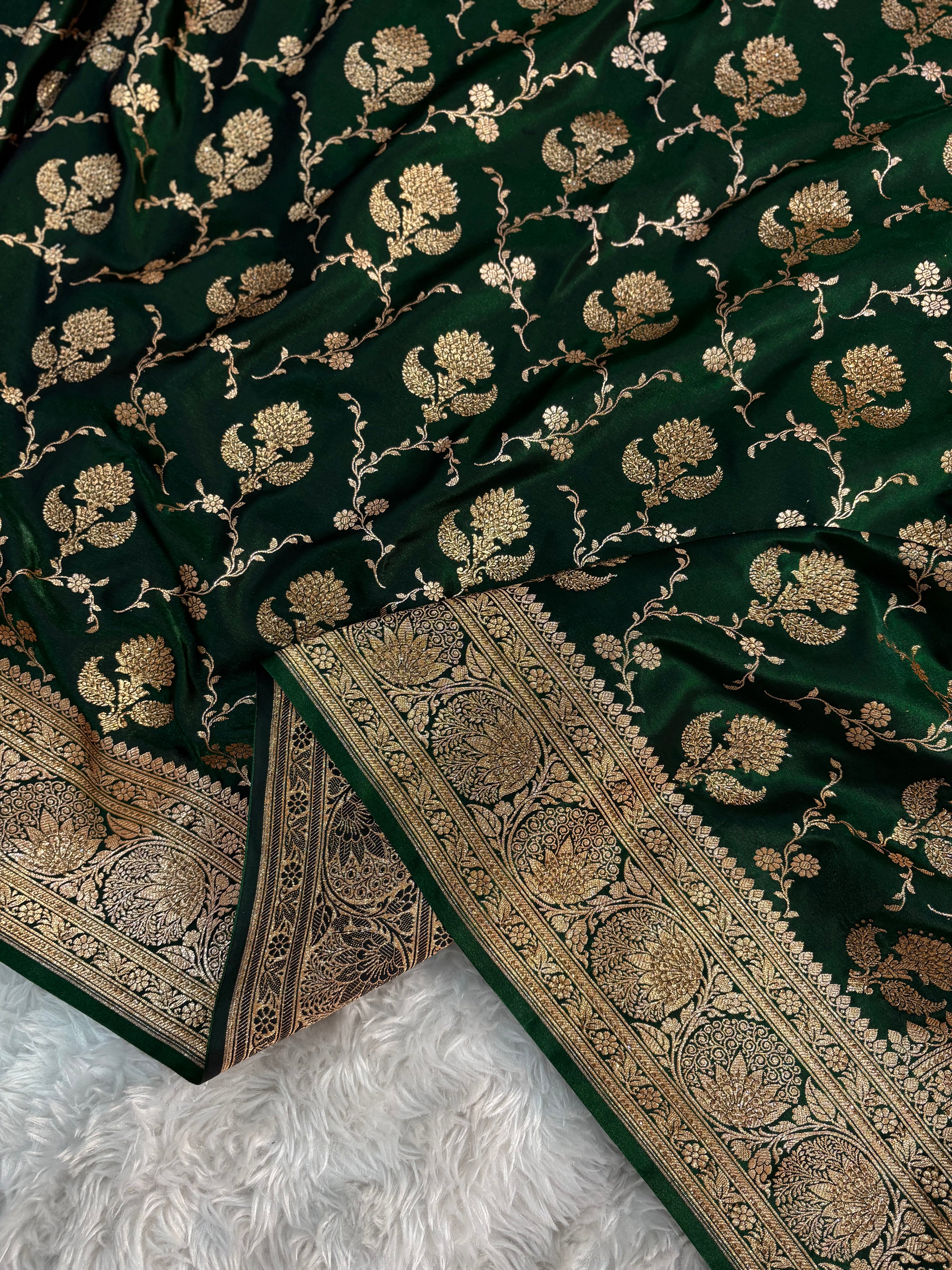 LUXURIOUS BOTTLE GREEN SATIN KATAN SILK SAREE WITH PREMIUM SWAROSKI WORK