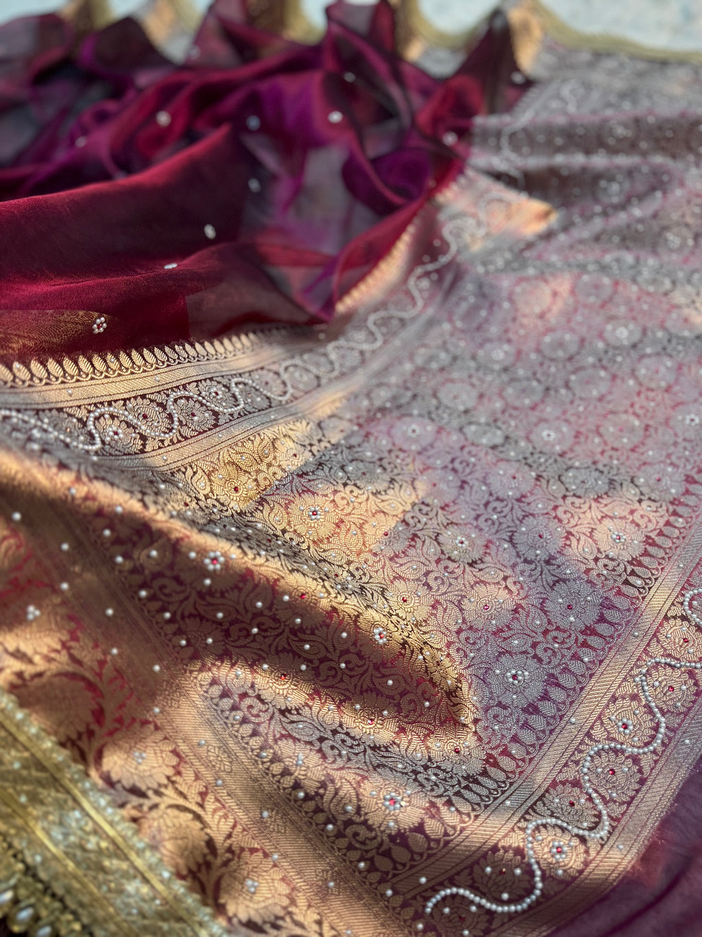 EXCLUSIVE HOT WINE SHADE SOFT TISSUE SILK SAREE DESIGNER HAND STONE WORK WITH LACE ATTACHED