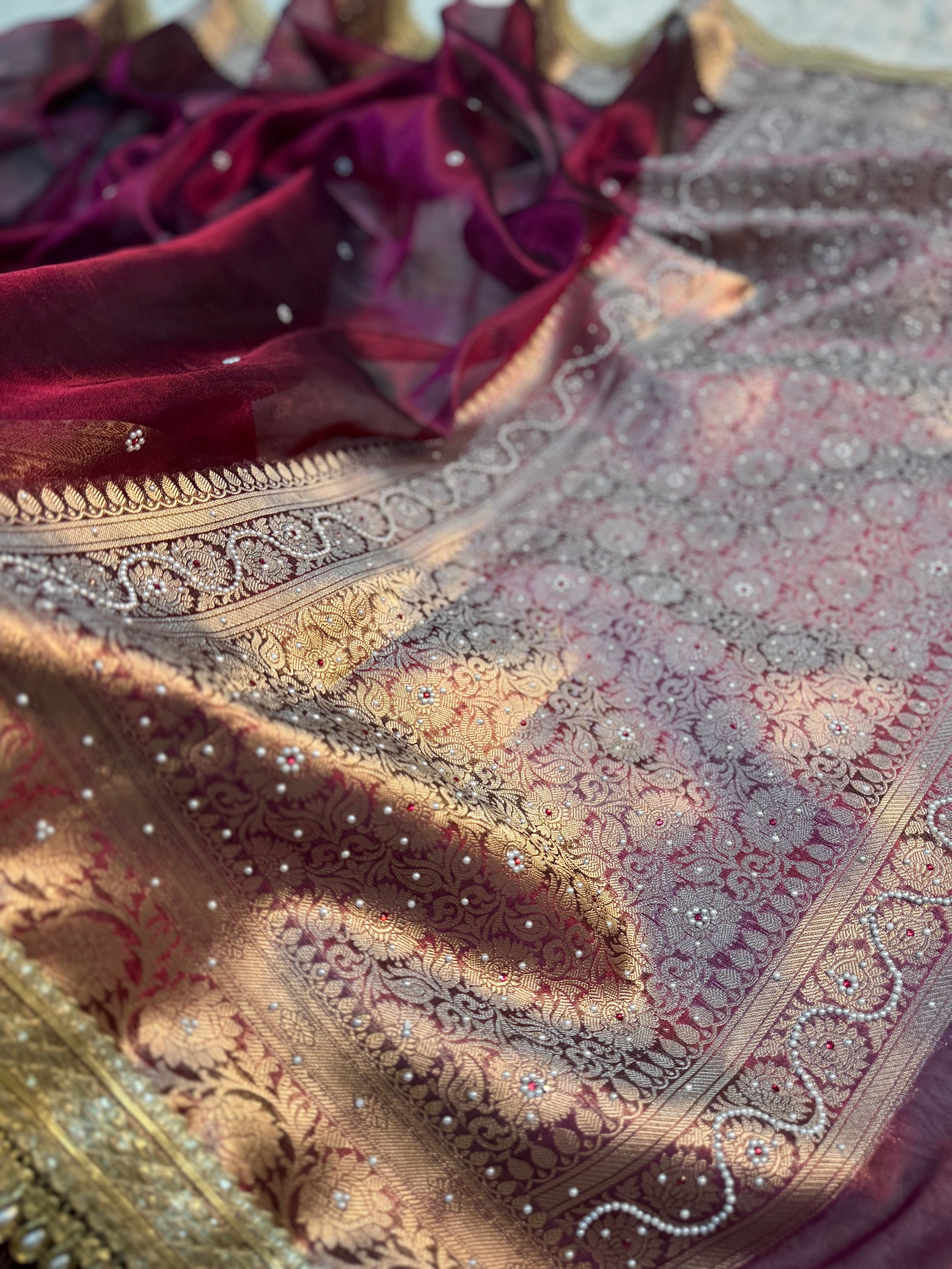 EXCLUSIVE HOT WINE SHADE SOFT TISSUE SILK SAREE DESIGNER HAND STONE WORK WITH LACE ATTACHED