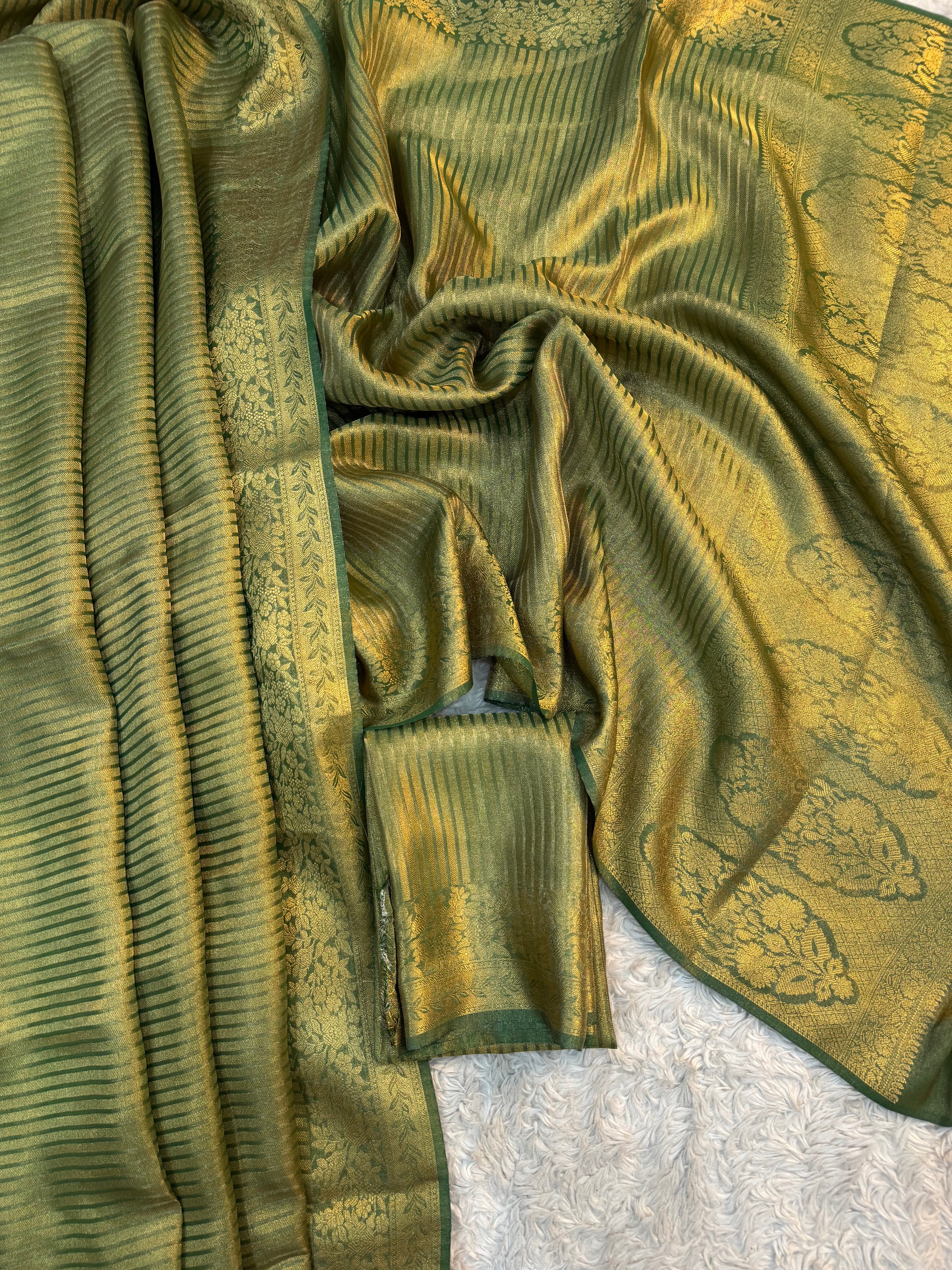 PREMIUM BOTTLE GREEN SHADE SOFT KATAN TISSUE SILK SAREE
