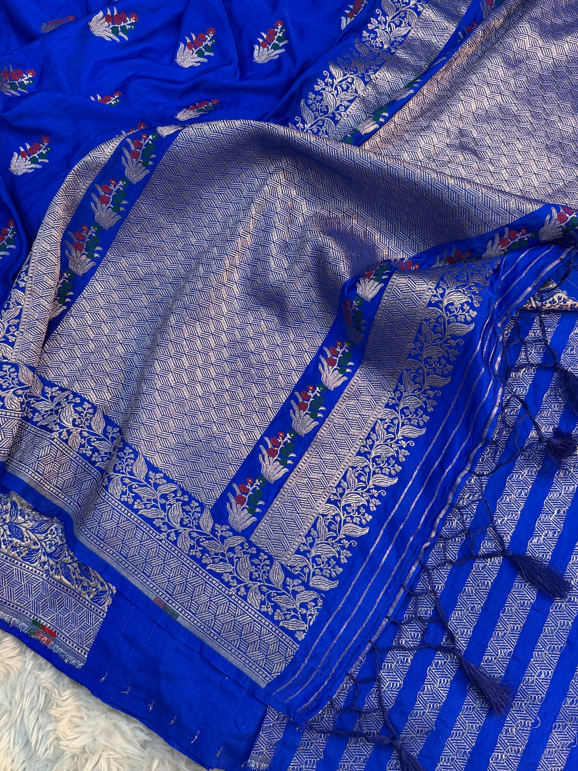 PREMIUM ROYAL BLUE SHADE SATIN MASHRU KATAN SILK SAREE