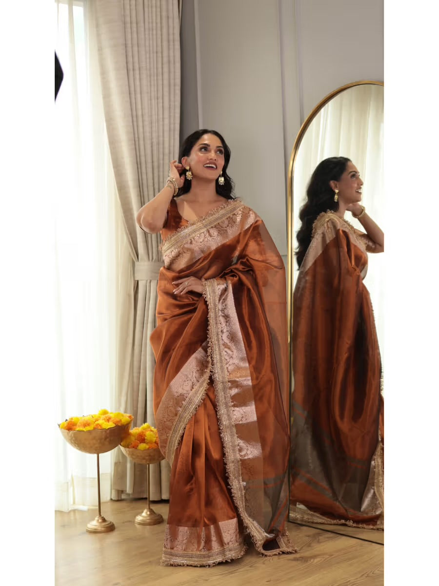 PREMIUM COPPER SHADE SOFT TISSUE SILK SAREE WITH LACE ATTACHED