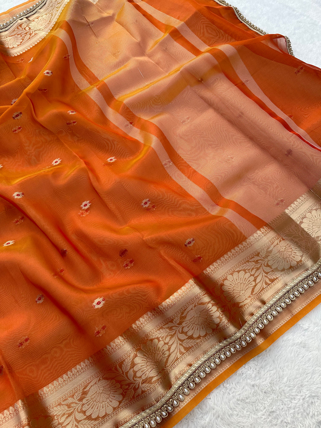 PREMIUM RUST SHADE DESIGNER TISSUE SILK BOOTI SAREE WITH LACE ATTACHED