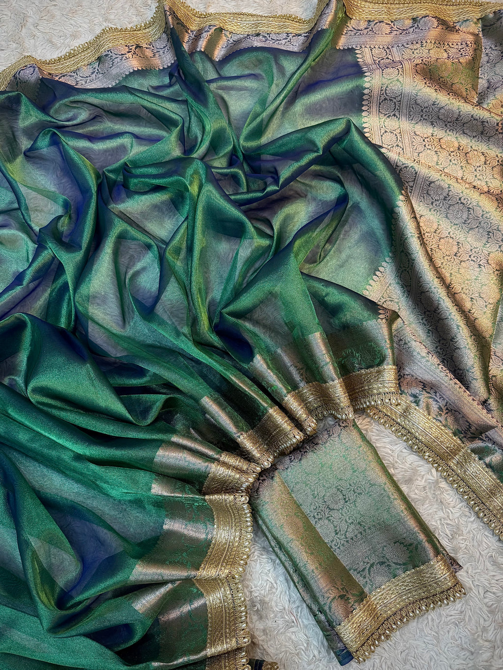 PREMIUM PEACOCK SHADE SOFT TISSUE SILK SAREE WITH LACE ATTACHED