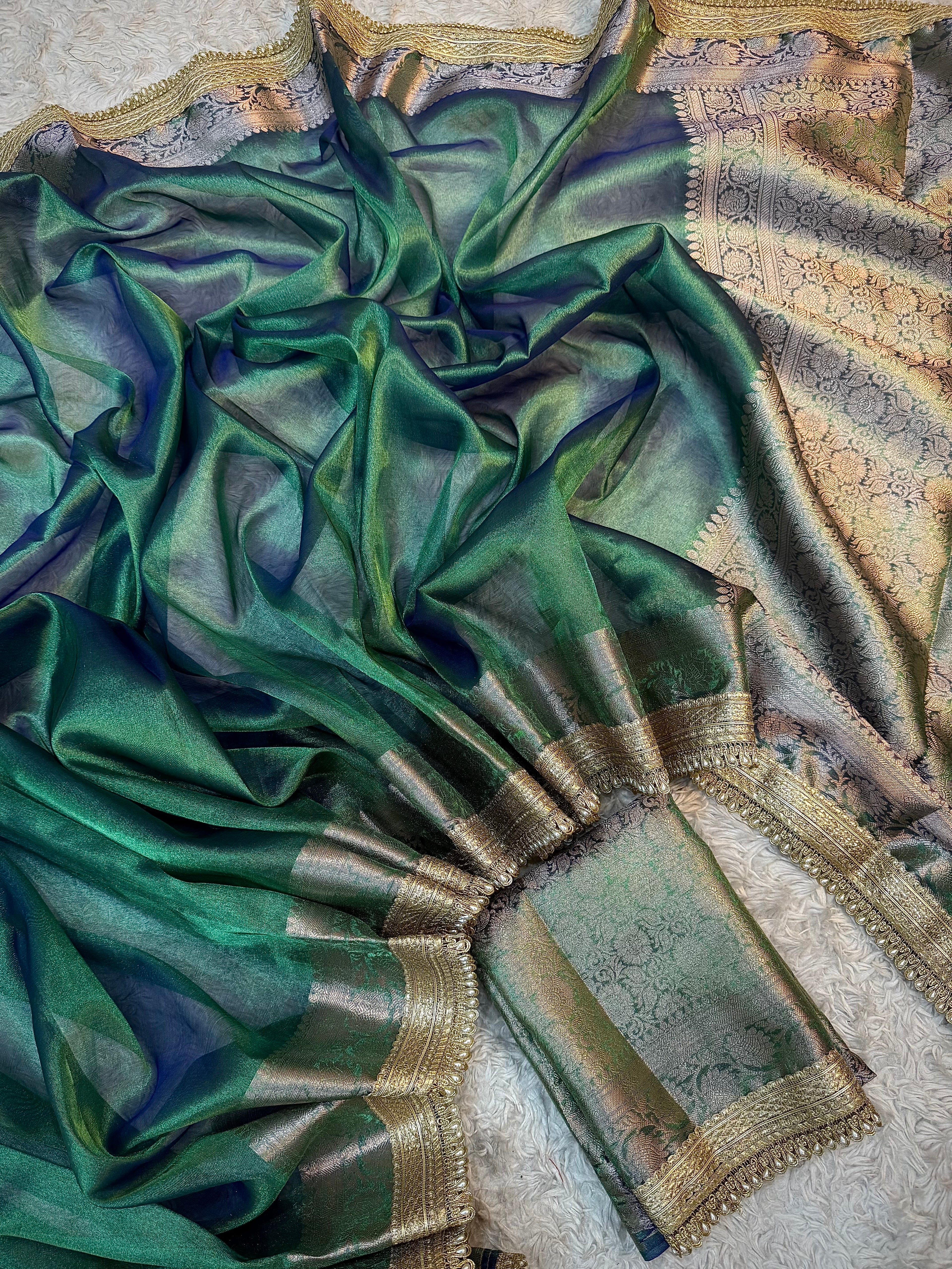 PREMIUM PEACOCK SHADE SOFT TISSUE SILK SAREE WITH LACE ATTACHED