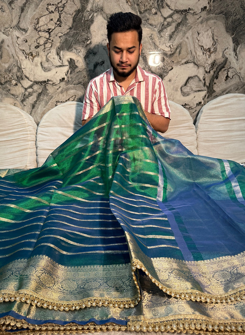 RARE PEACOCK SHADE SOFT TISSUE SILK DESIGNER SAREE