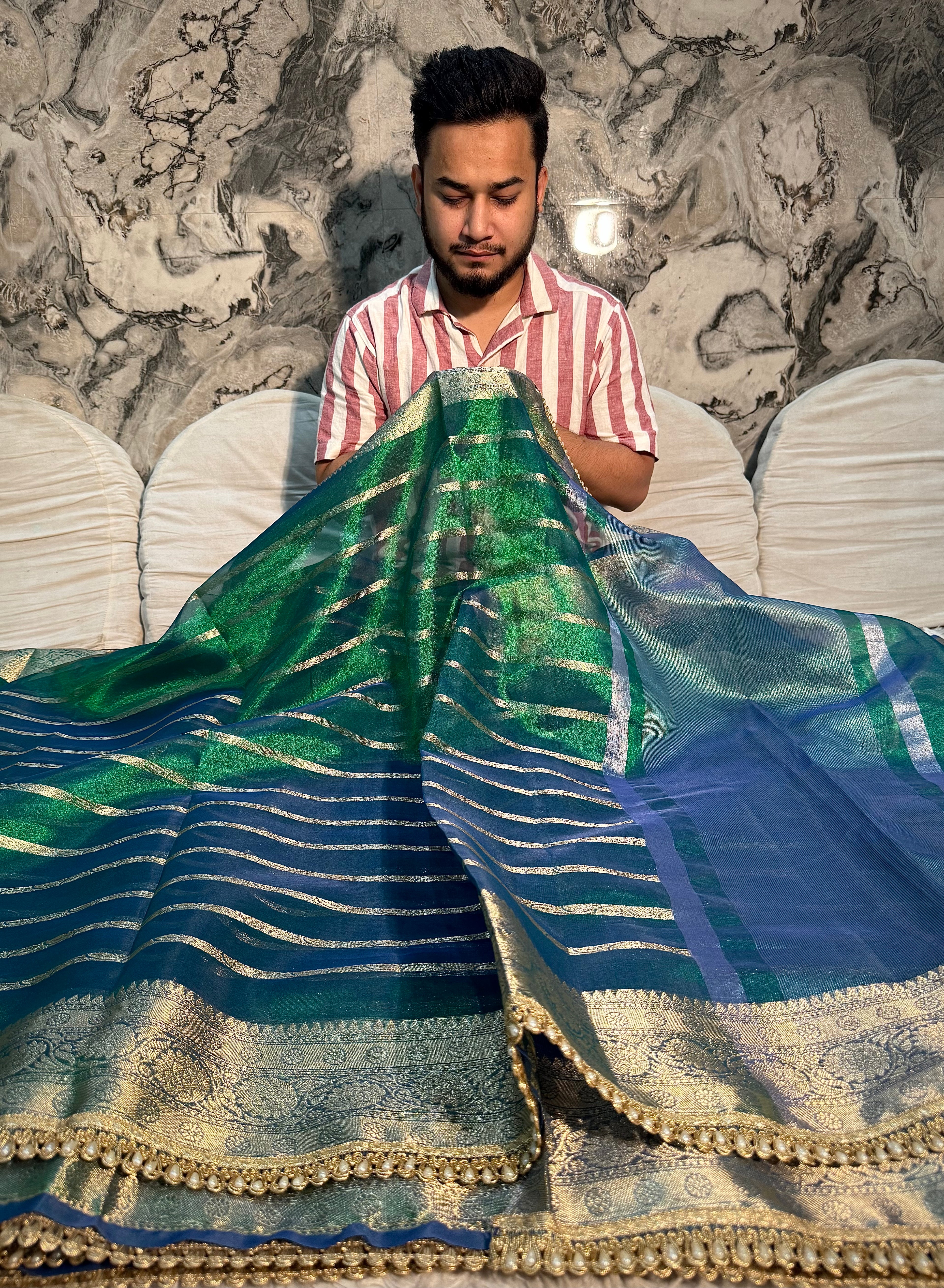RARE PEACOCK SHADE SOFT TISSUE SILK DESIGNER SAREE