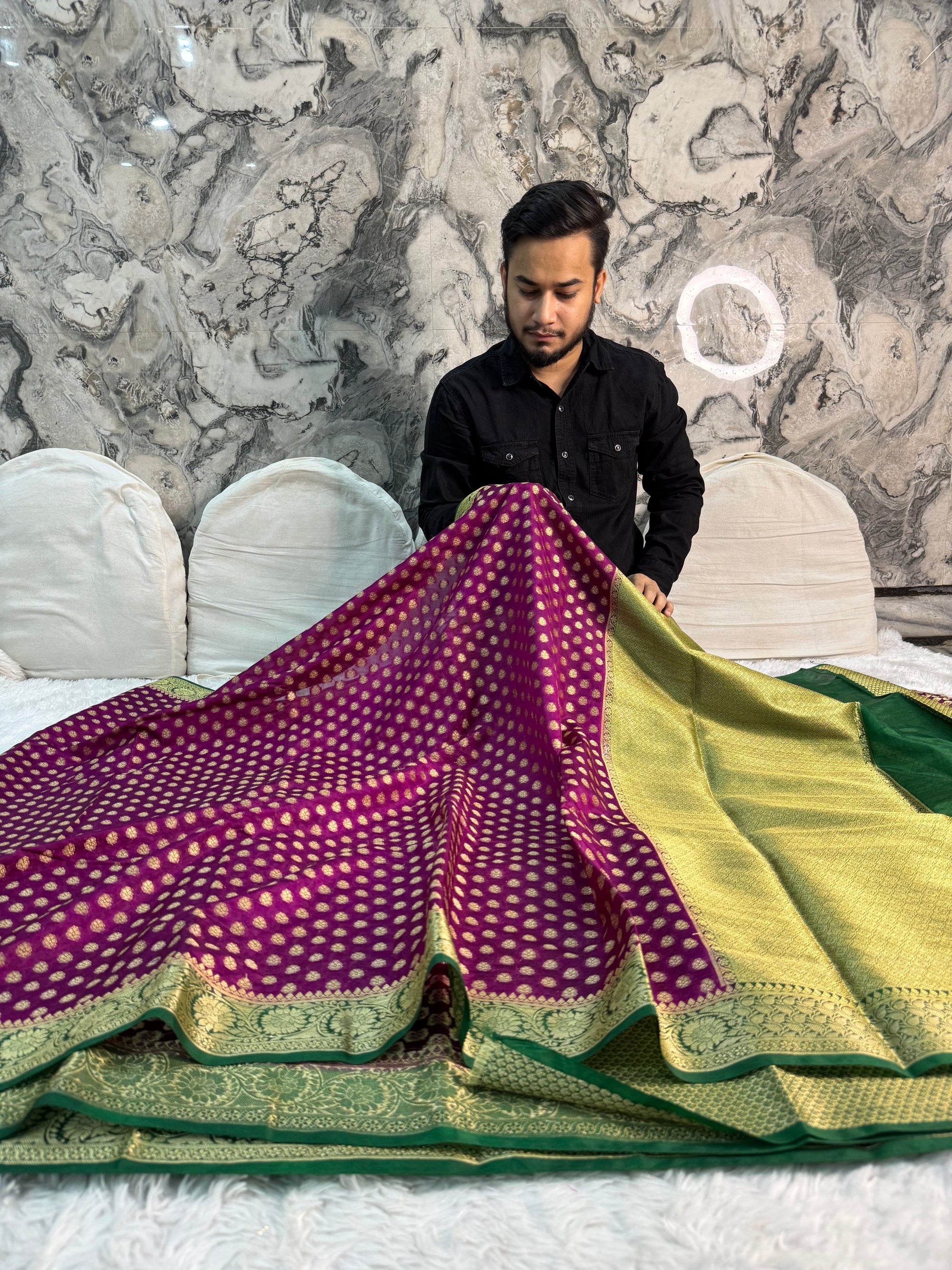 WINE AND GREEN SHADE GEORGETTE BANARASI SAREE