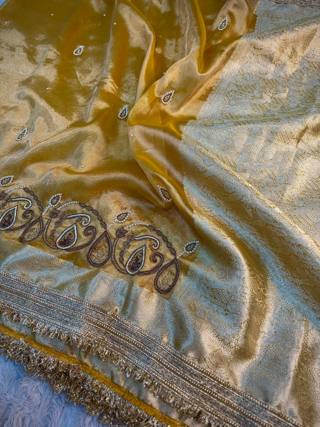 LUXURIOUS YELLOW SHADE SOFT TISSUE SILK WITH PREMIUM ZARDOZI AND LACE WORK