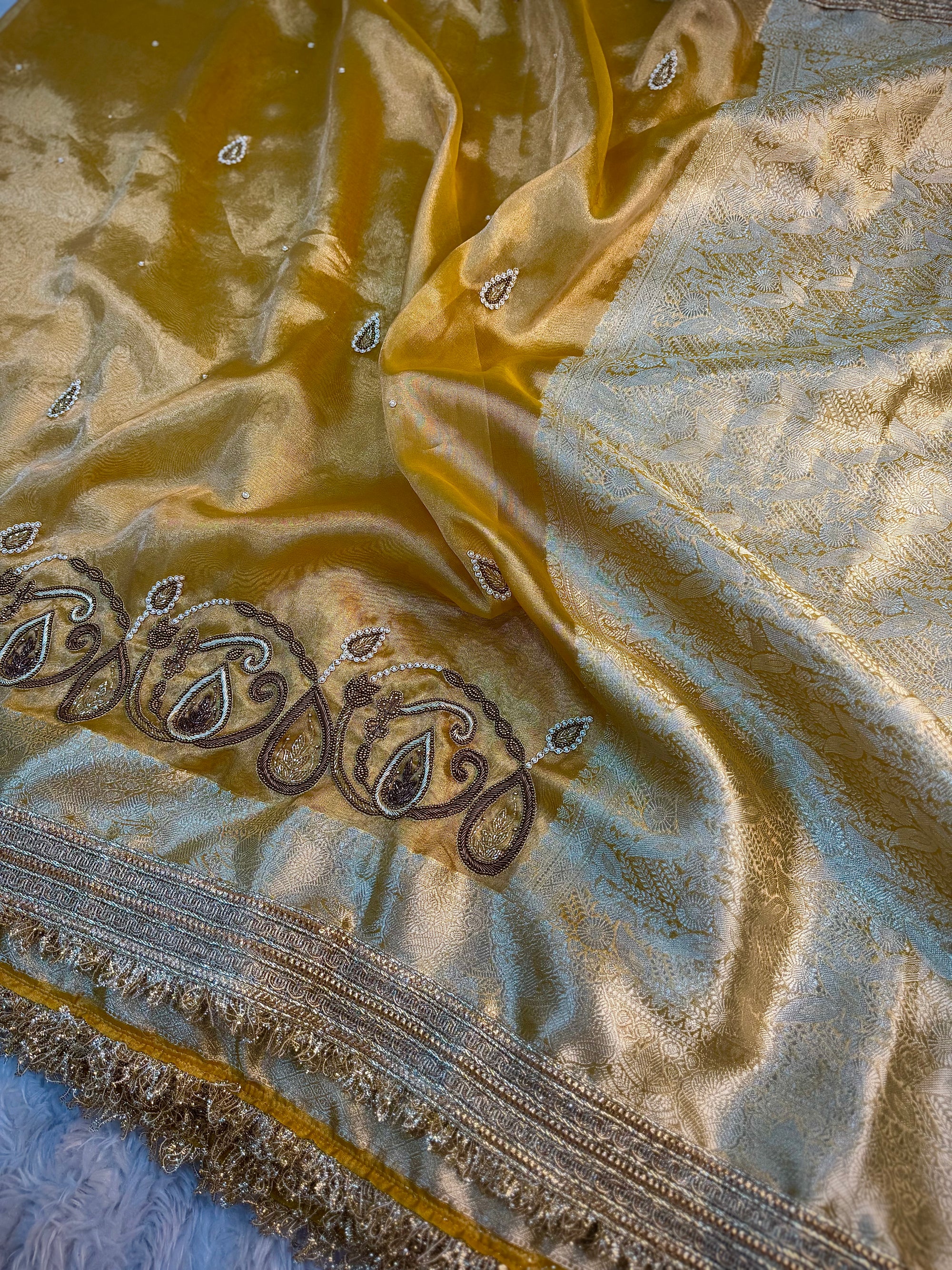 LUXURIOUS YELLOW SHADE SOFT TISSUE SILK WITH PREMIUM ZARDOZI AND LACE WORK