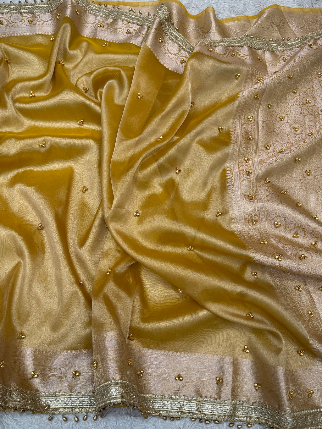 PREMIUM YELLOW SHADE GHUNGROO WORK SOFT BANARASI TISSUE SILK DESIGNER SAREE