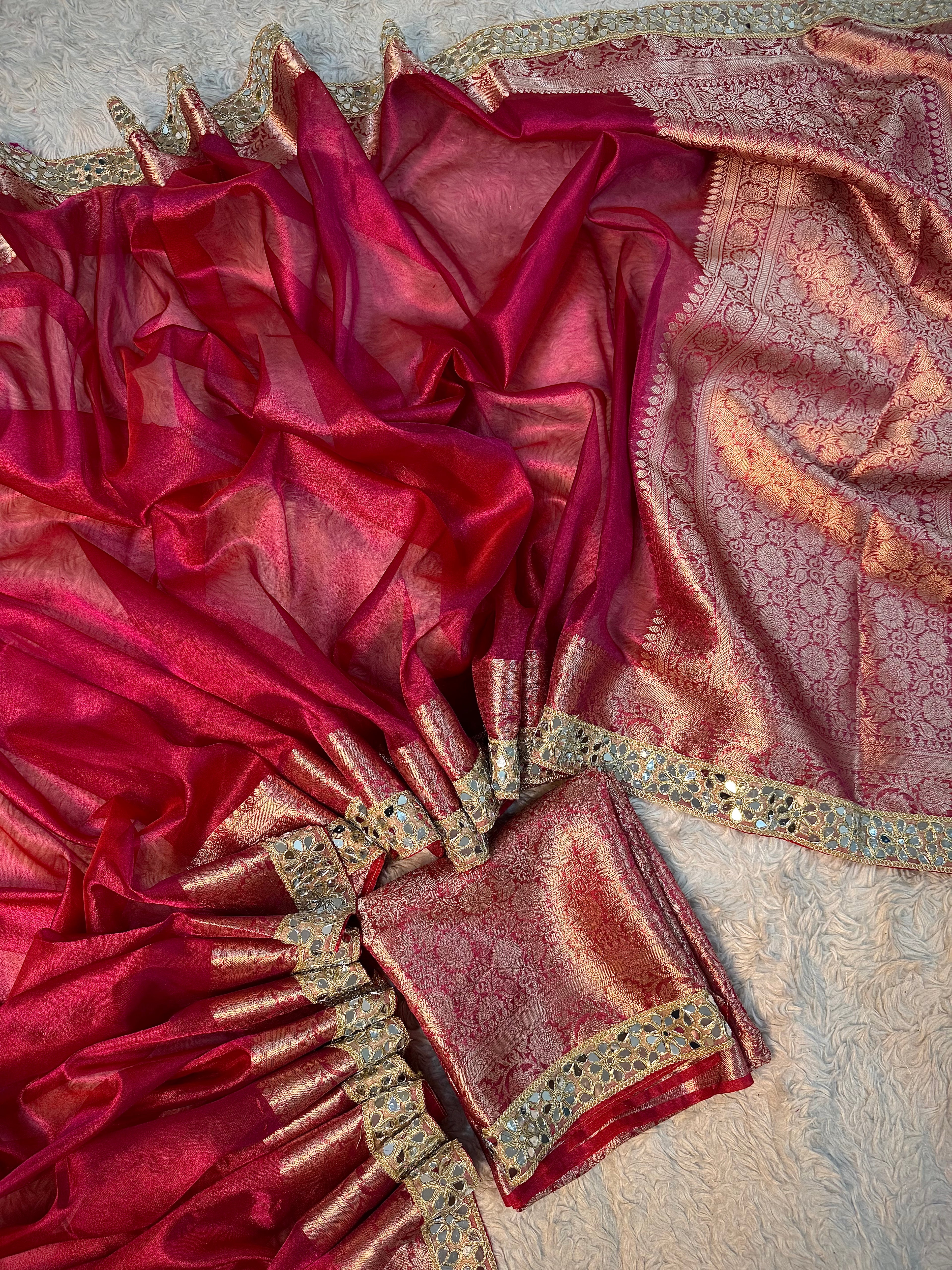 EXCLUSIVE HOT RANI SHADE SOFT TISSUE SILK SAREE WITH DESIGNER LACE ATTACHED