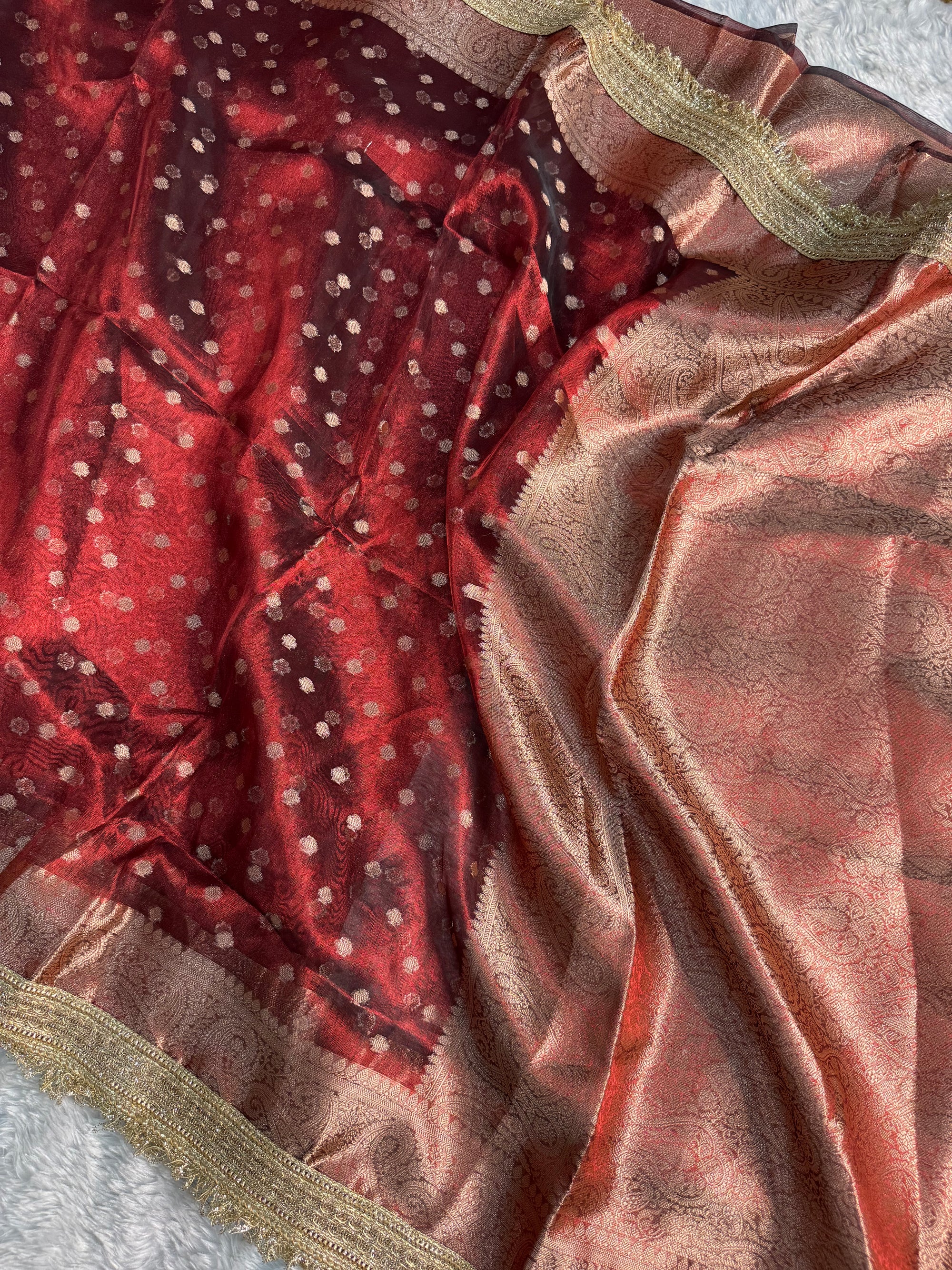 BLOOD RED SHADE SOFT TISSUE SILK SAREE WITH LACE ATTACHED