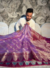 PREMIUM LAVENDER WITH MAROON BANARASI PAPER SILK SAREE WITH MEENAKARI BORDER