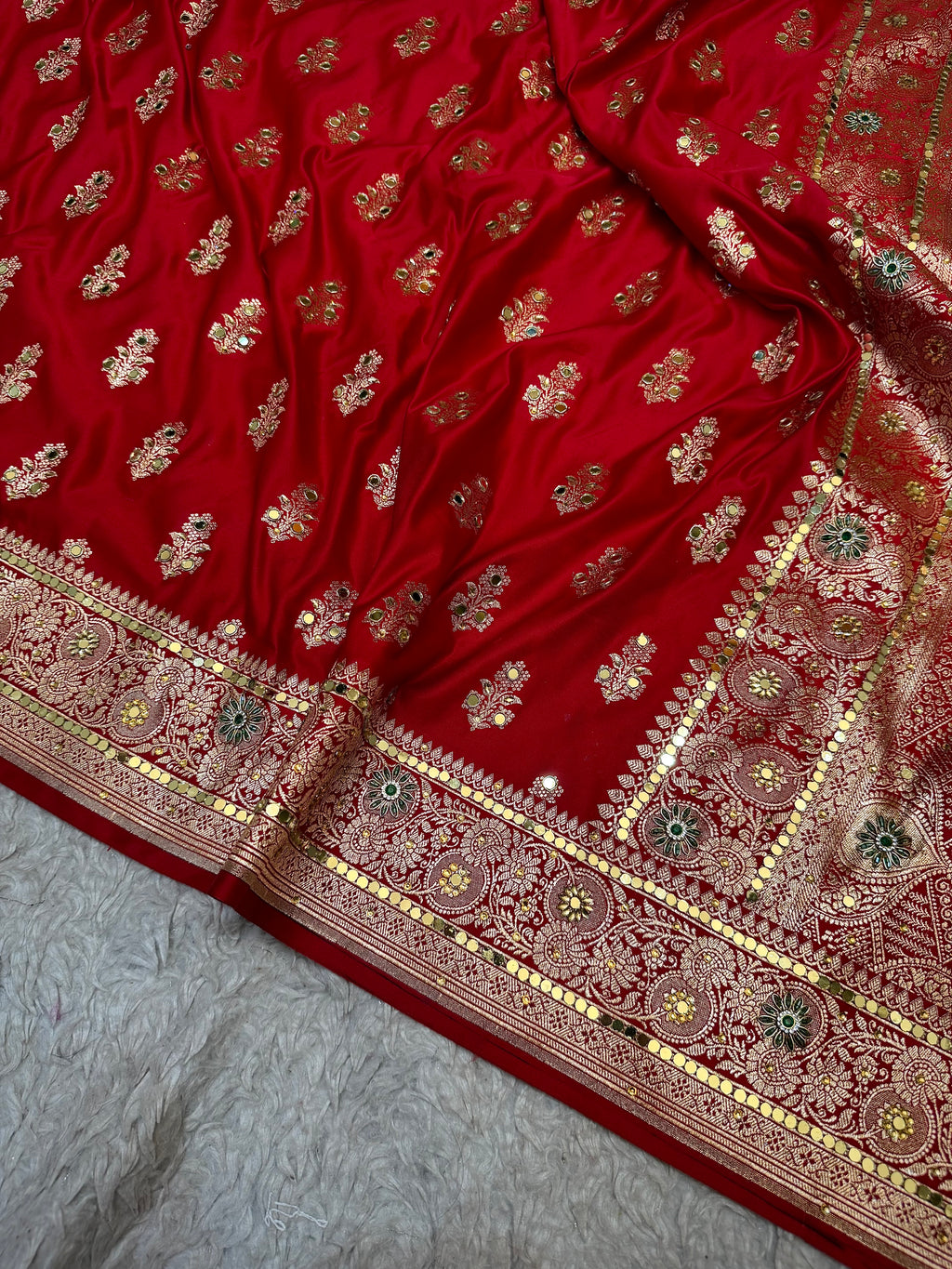 BRIDAL RED SHADE BANARASI MASHRU SATIN SILK SAREE WITH ZARDOZI WORK