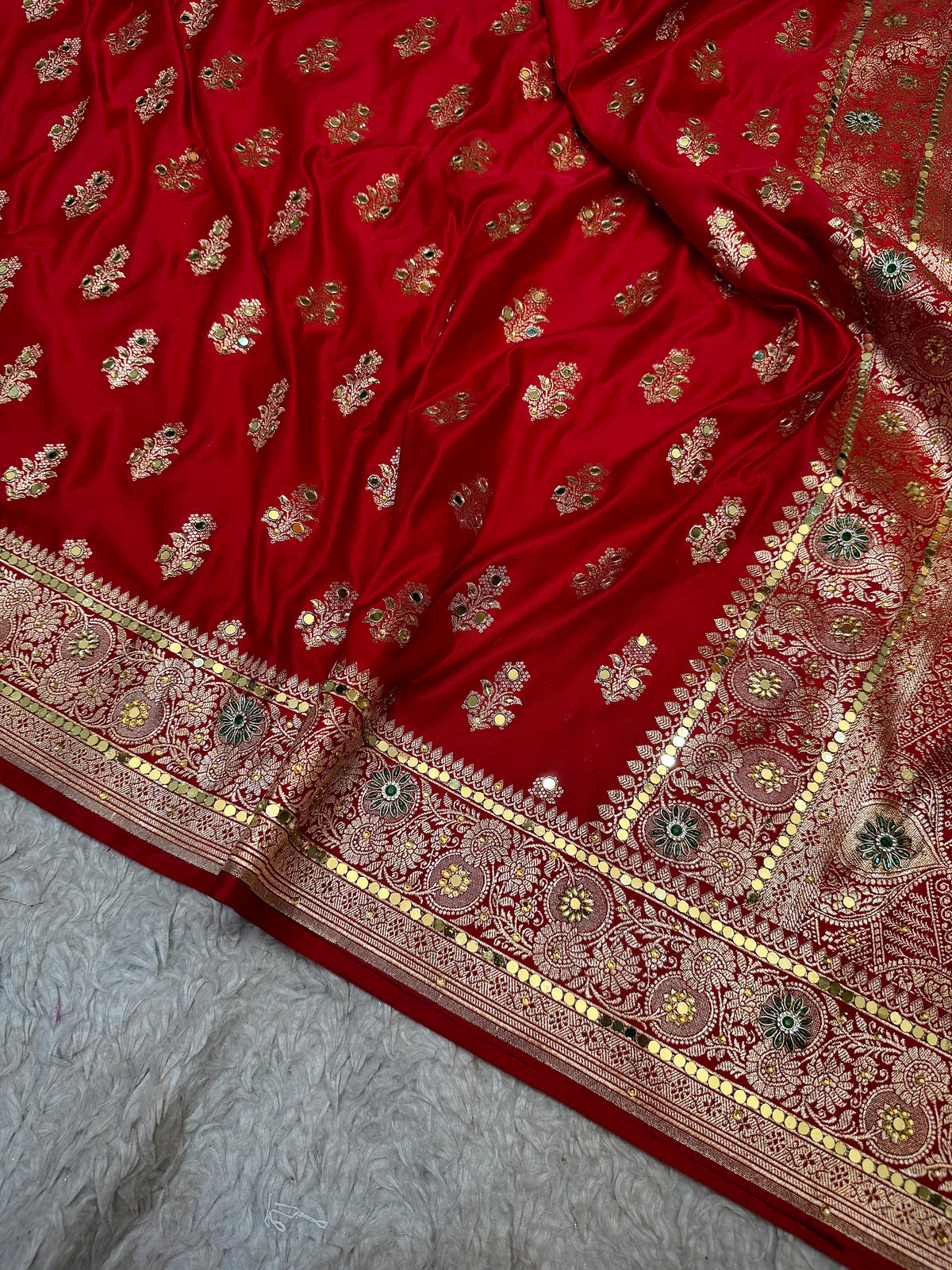 BRIDAL RED SHADE BANARASI MASHRU SATIN SILK SAREE WITH ZARDOZI WORK