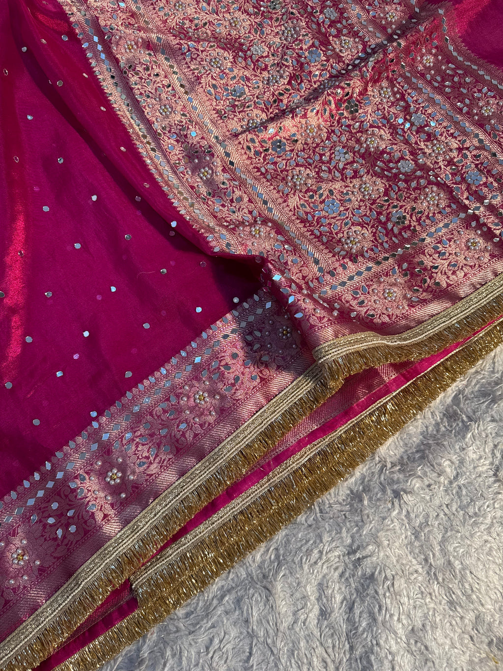 STONE WORK+MIRROR WORK RANI SHADE SOFT TISSUE SILK DESIGNER SAREE