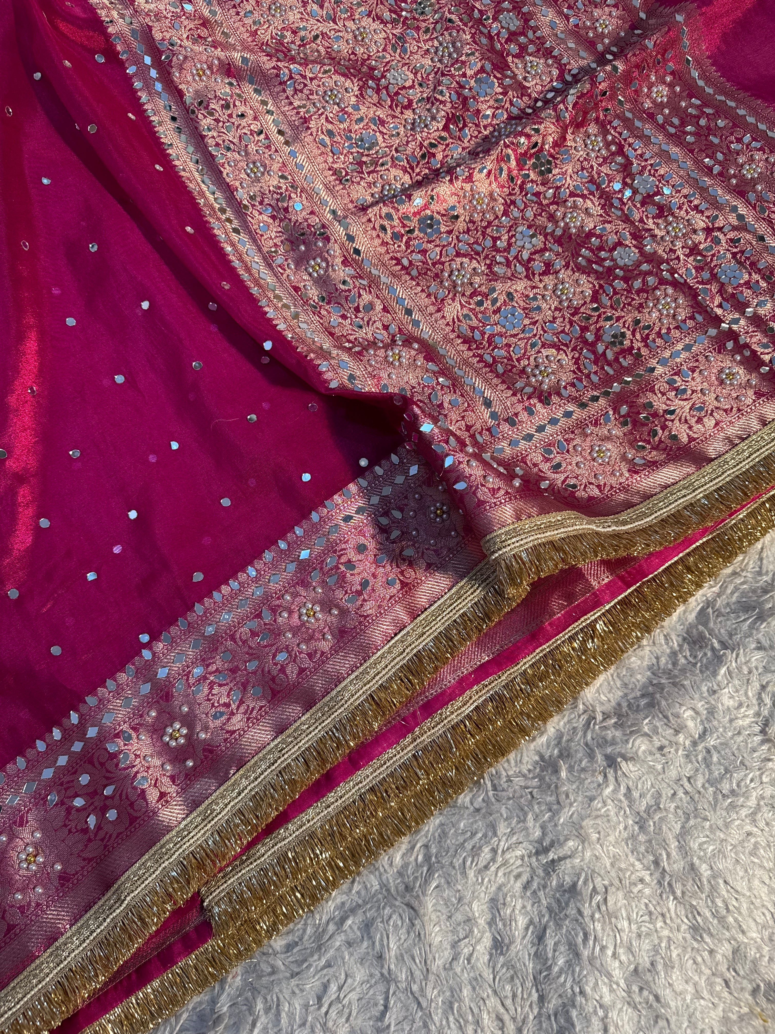 STONE WORK+MIRROR WORK RANI SHADE SOFT TISSUE SILK DESIGNER SAREE