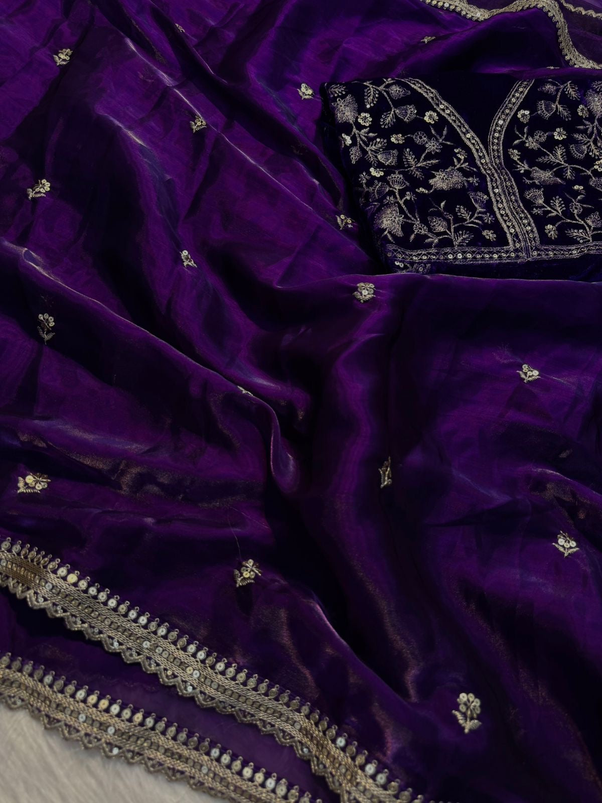 PREMIUM DEEP PURPLE SHIMMERY TISSUE SILK HANDWORK SAREE