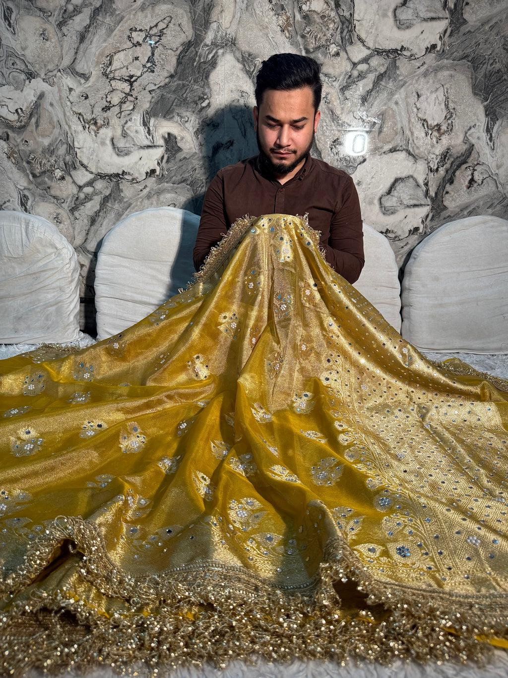 EXCLUSIVE YELLOW SHADE SOFT TISSUE SILK MIRROR WORK DESIGNER SAREE