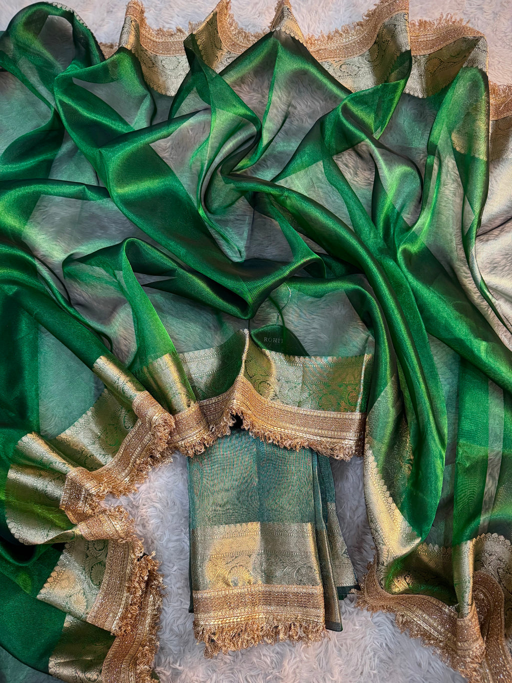 PREMIUM EMERALD GREEN SHADE SOFT TISSUE SILK SAREE WITH LACE ATTACHED