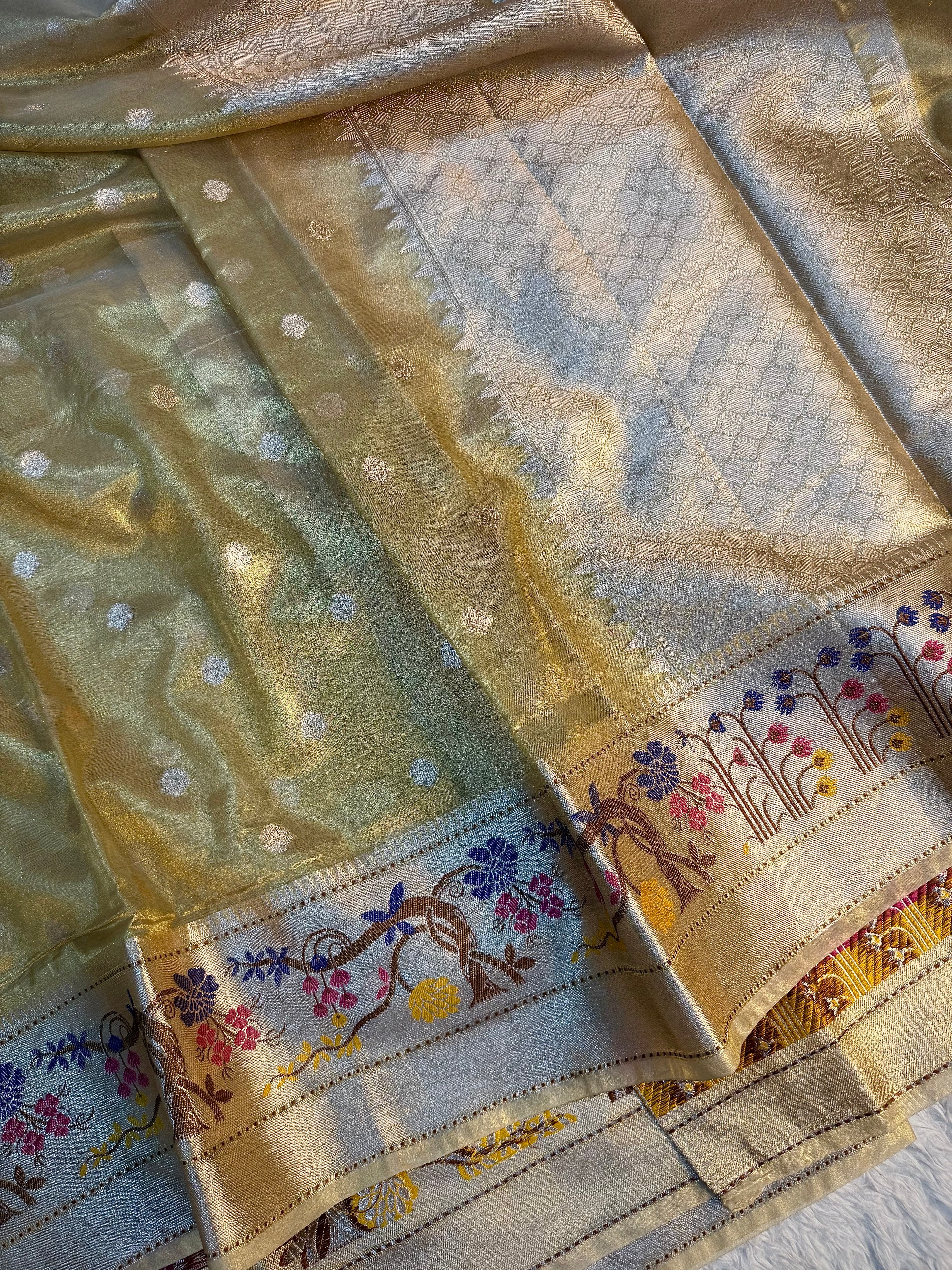 PREMIUM IVORY GOLD DESIGNER TISSUE SILK BOOTI SAREE WITH TILFI BORDER