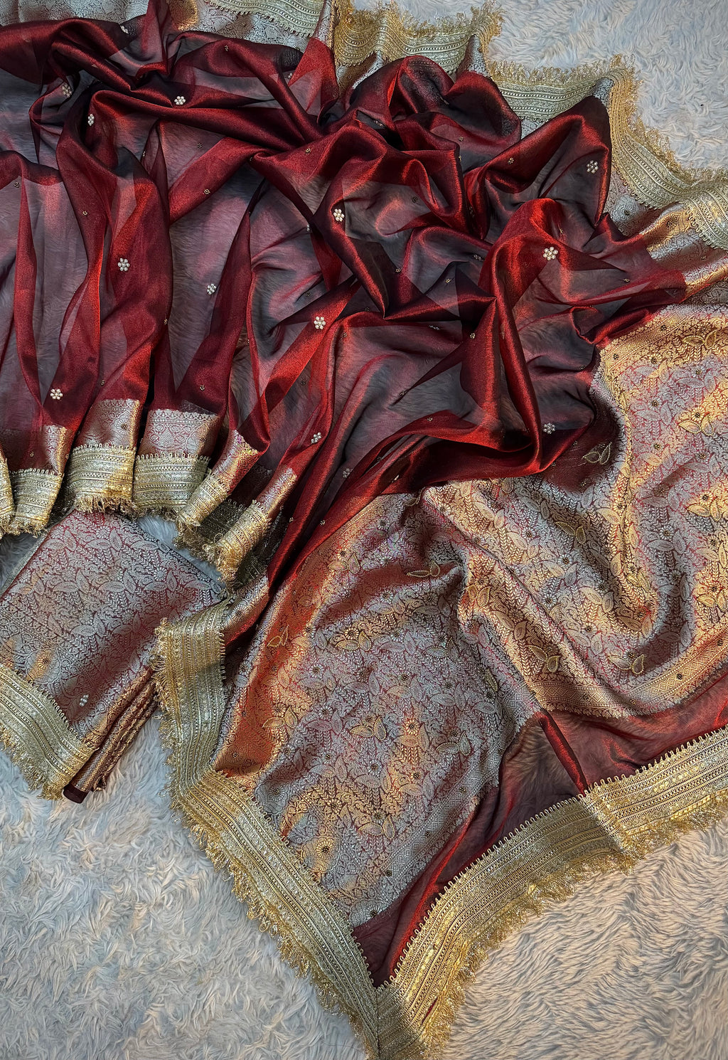 LUXURIOUS MAROON SHADE SOFT TISSUE SILK WITH PREMIUM HAND EMBROIDERY AND LACE WORK