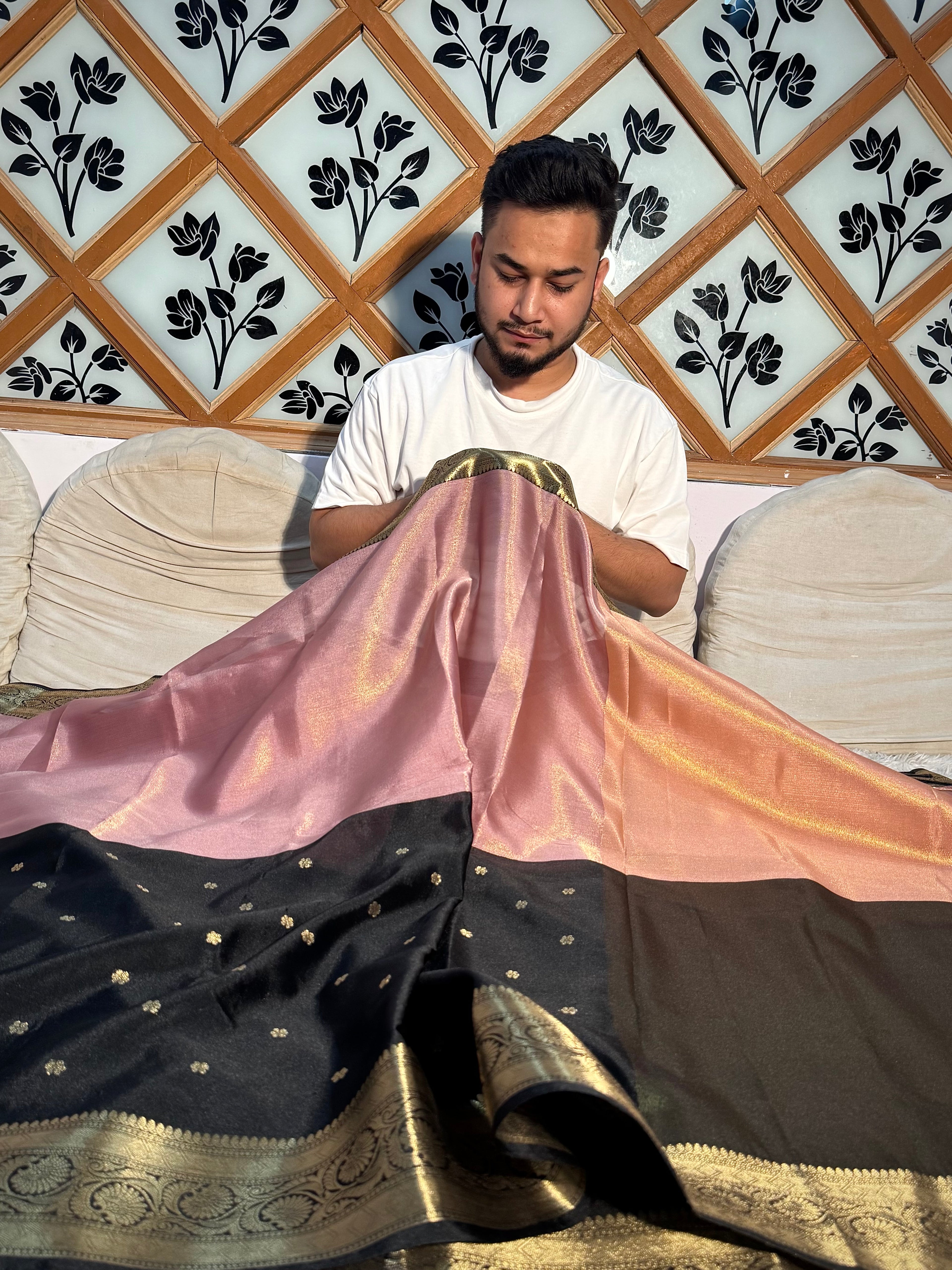PREMIUM BLACK AND PEACH BANARASI SOFT SILK SAREE