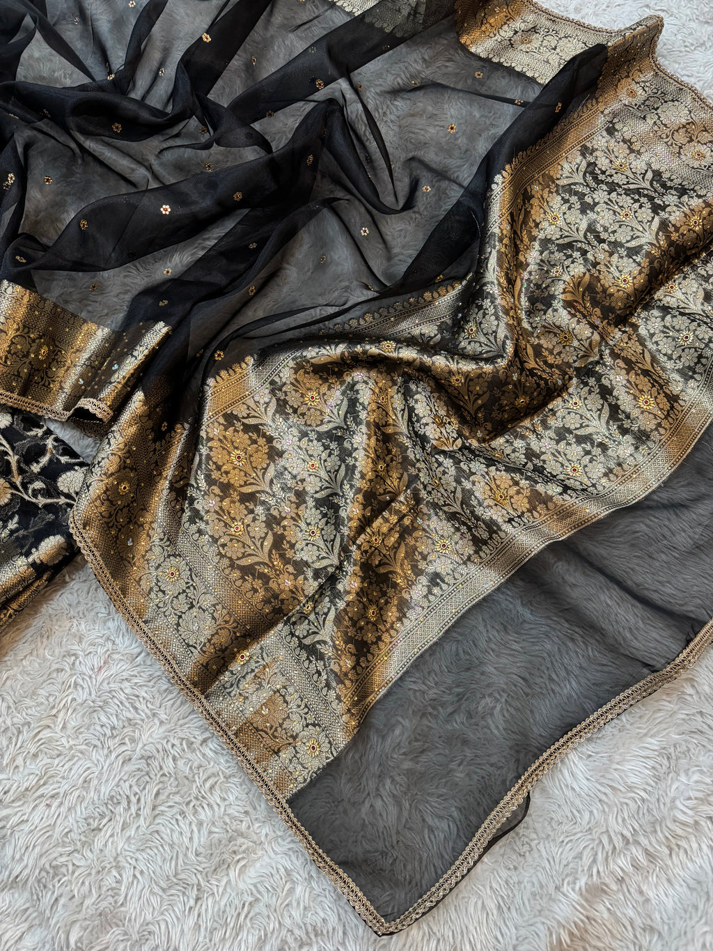 EXCLUSIVE HOT BLACK SHADE SOFT TISSUE SILK SAREE DESIGNER HAND STONE WORK WITH LACE ATTACHED