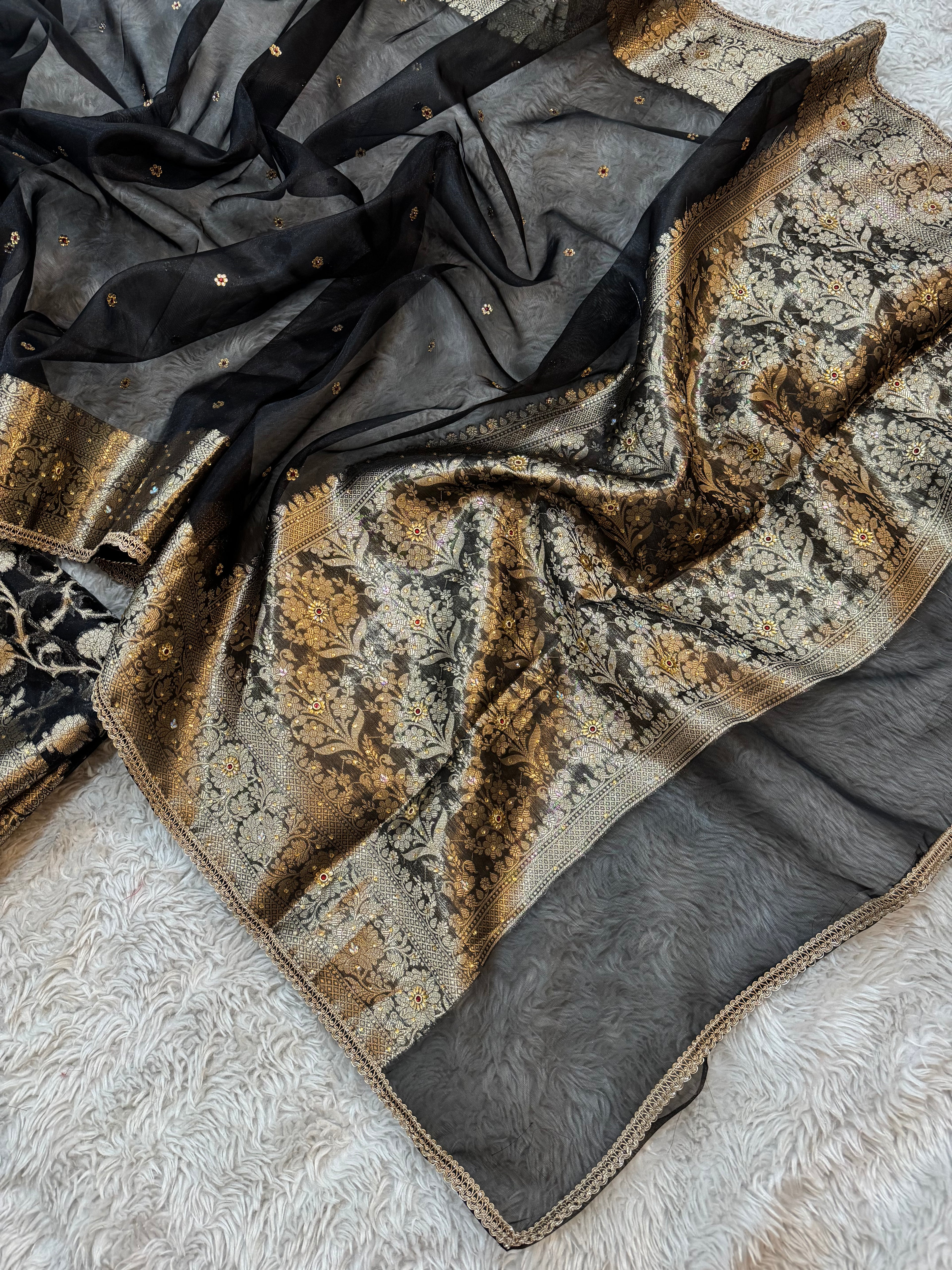EXCLUSIVE HOT BLACK SHADE SOFT TISSUE SILK SAREE DESIGNER HAND STONE WORK WITH LACE ATTACHED