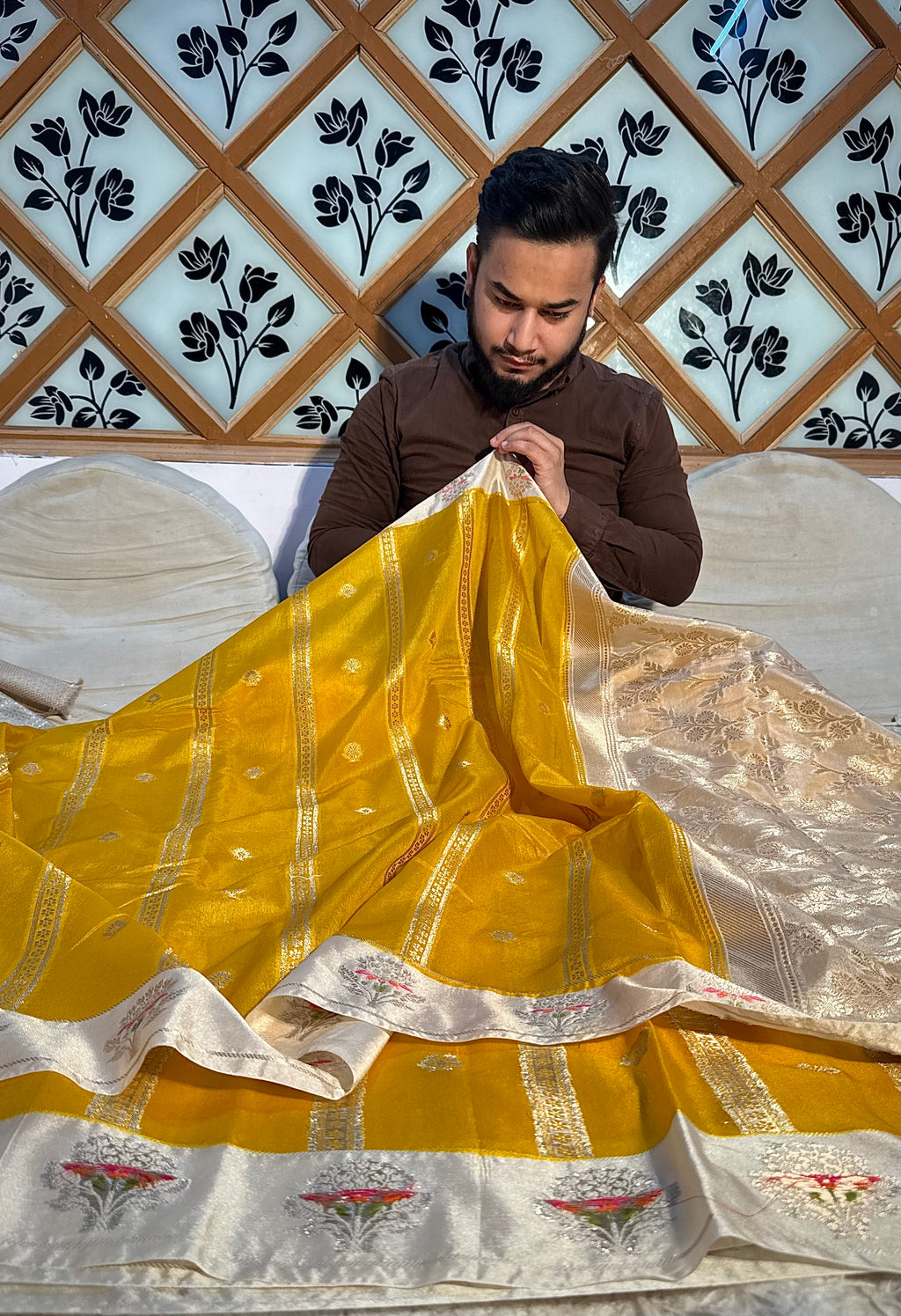 PREMIUM YELLOW WITH IVORY SHADE BANARASI VISCOSE SILK WITH SATIN BORDER
