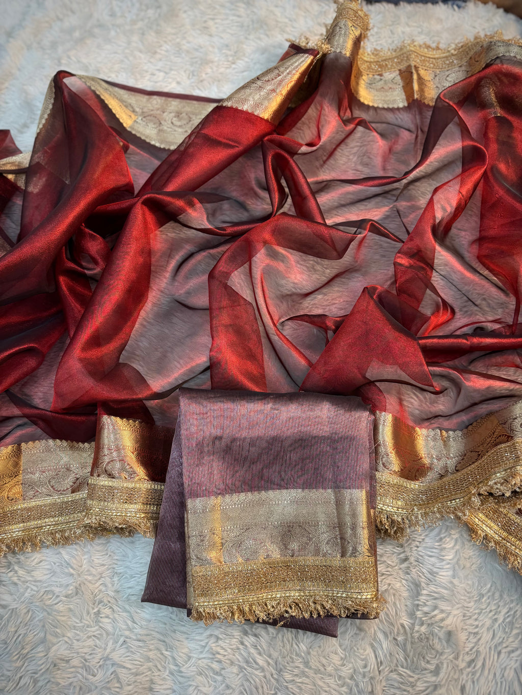 PREMIUM CARMINE RED SHADE SOFT TISSUE SILK SAREE WITH LACE ATTACHED