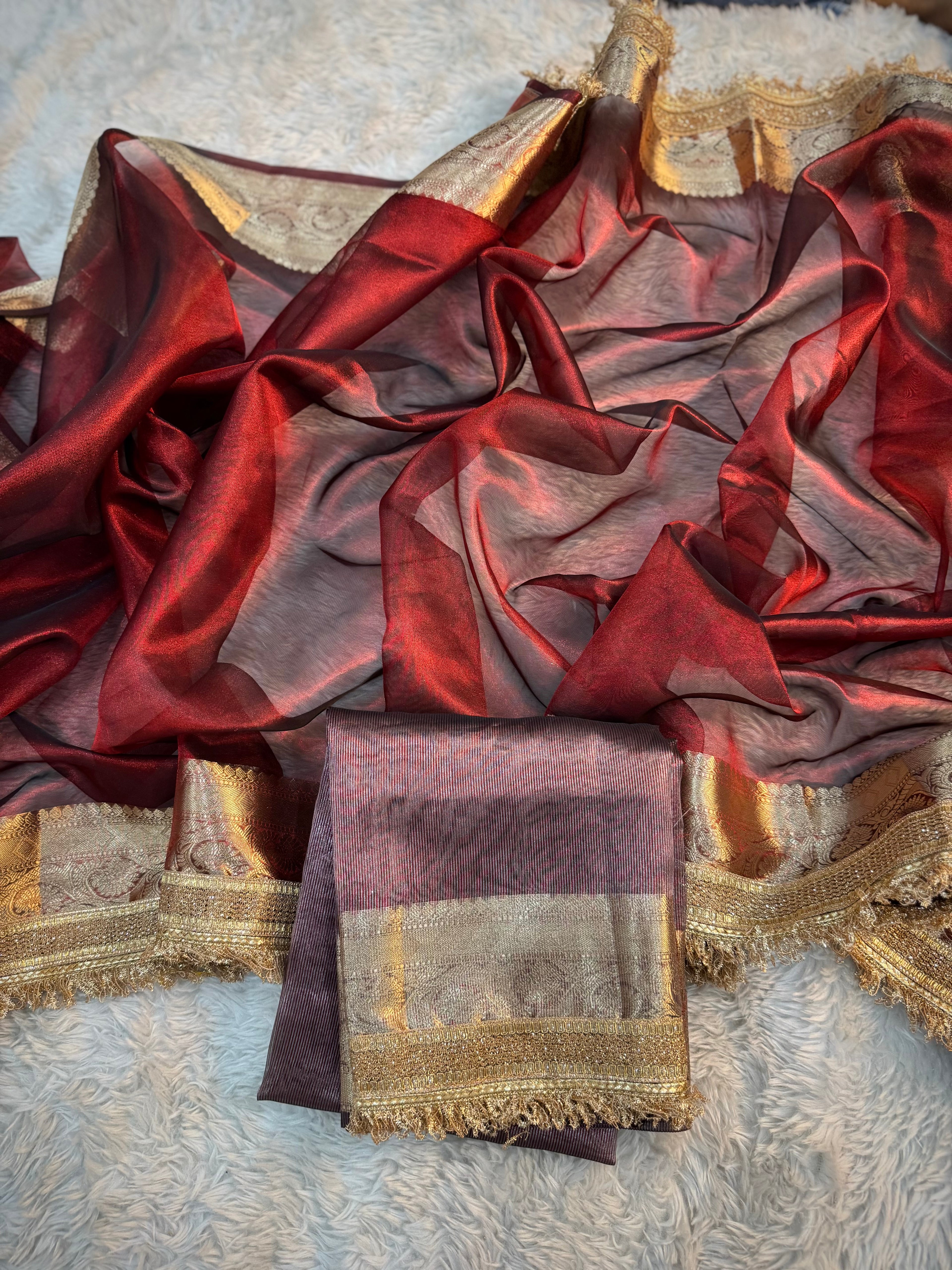 PREMIUM CARMINE RED SHADE SOFT TISSUE SILK SAREE WITH LACE ATTACHED