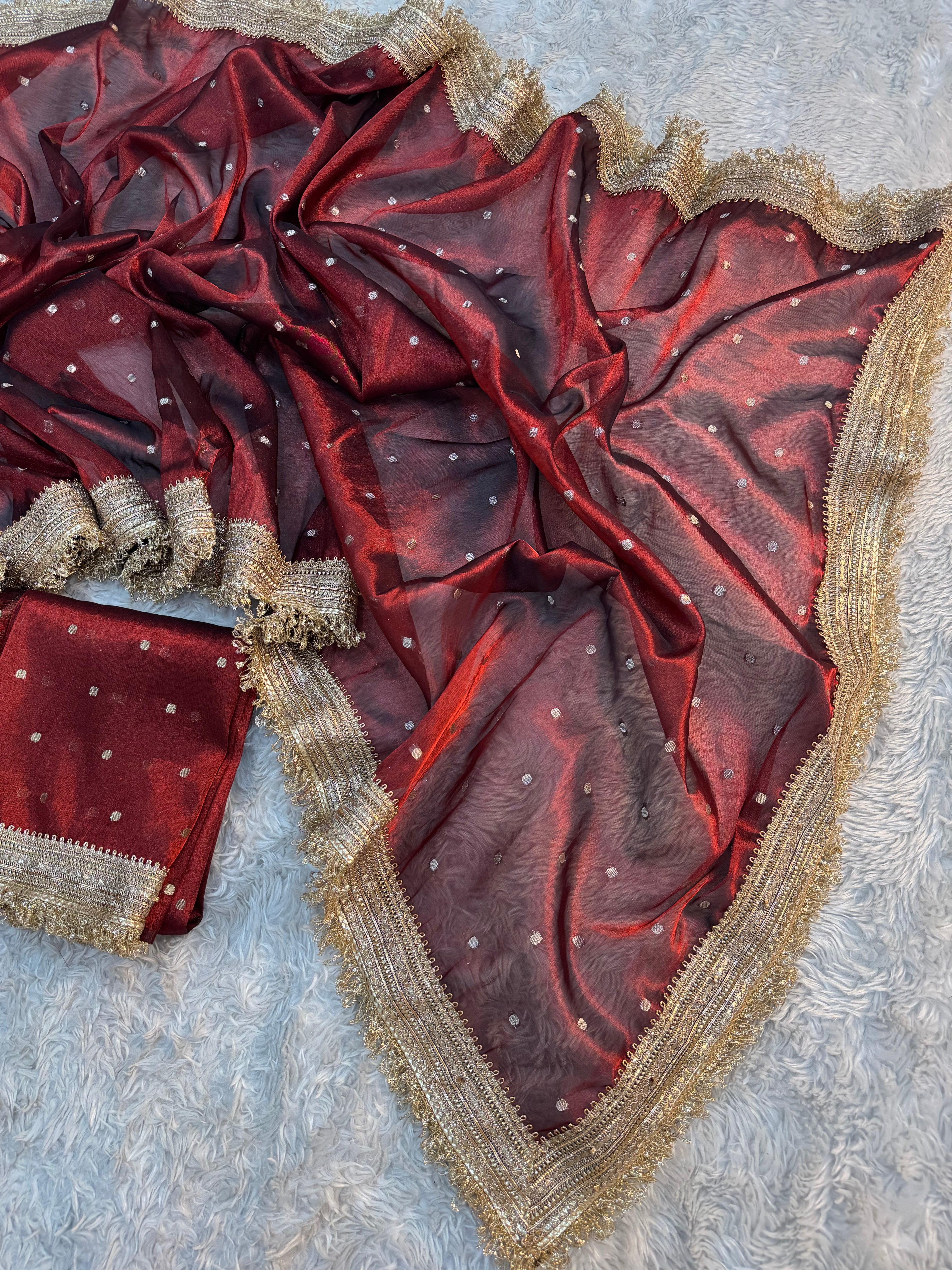 PREMIUM MAROON SHADE DESIGNER TISSUE SILK BOOTI SAREE WITH LACE ATTACHED