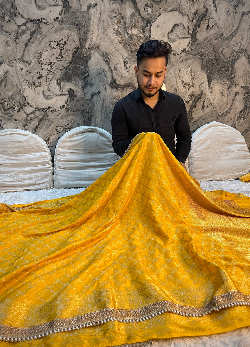 PREMIUM YELLOW SHADE GEORGETTE KATAN SILK SAREE WITH MOTI LACE ATTACHED