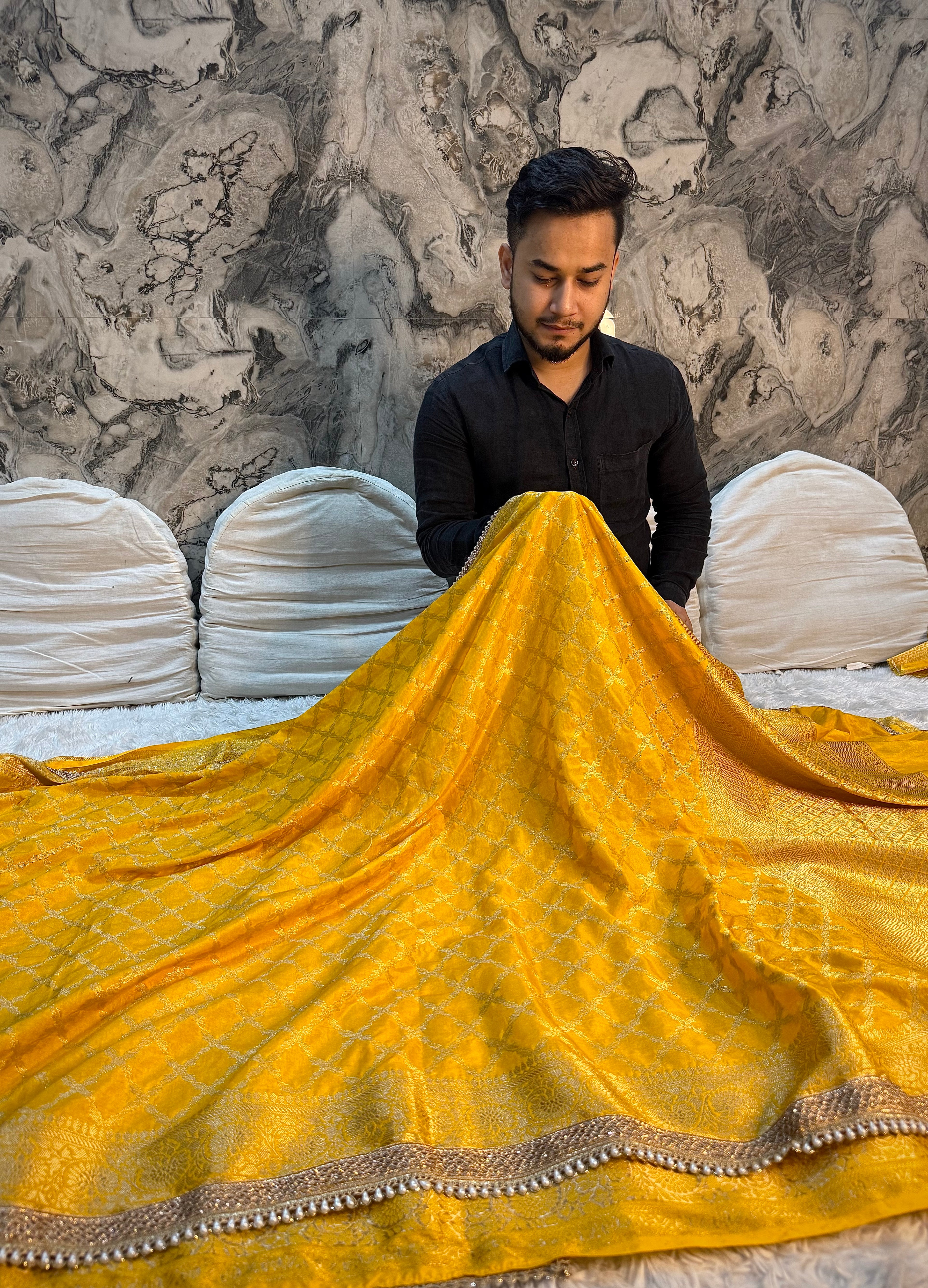 PREMIUM YELLOW SHADE GEORGETTE KATAN SILK SAREE WITH MOTI LACE ATTACHED