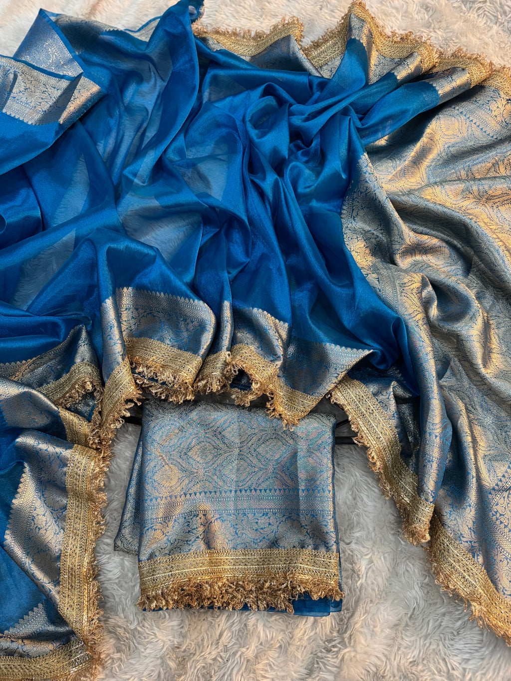 PREMIUM BLUE SHADE SOFT TISSUE SILK SAREE WITH LACE ATTACHED